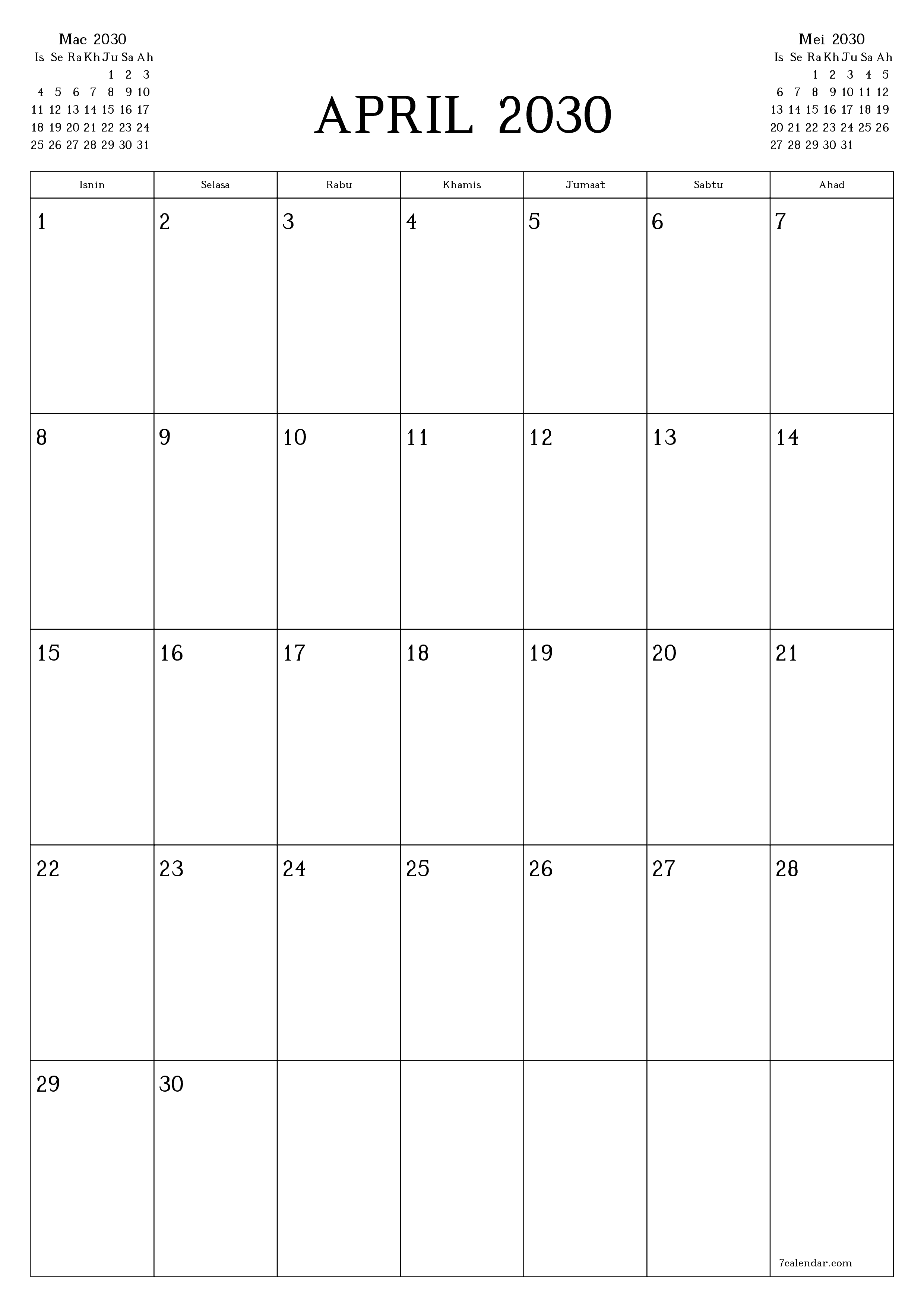 Perancang bulanan kosong untuk bulan April 2030 dengan nota, simpan dan cetak ke PDF PNG Malay