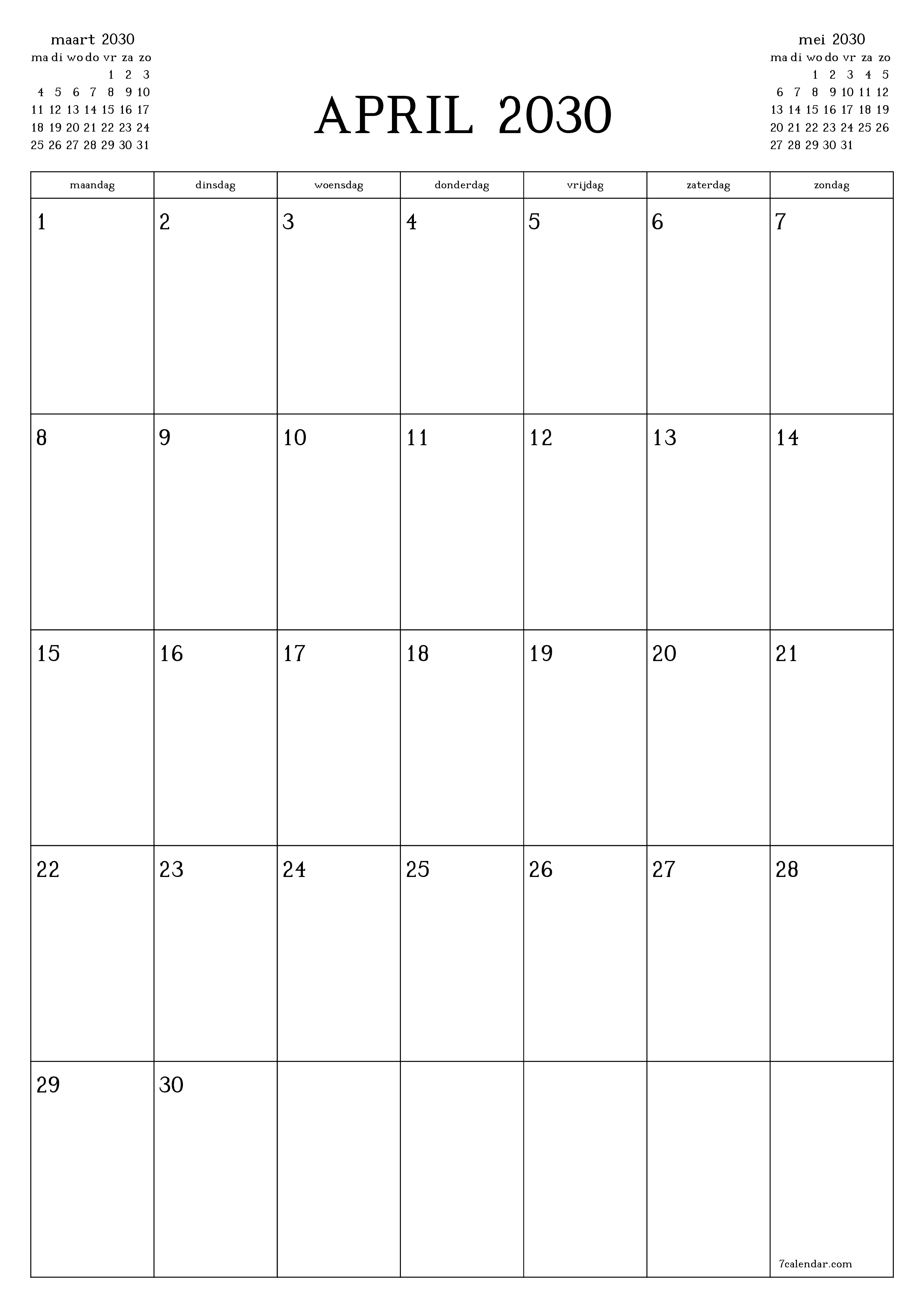 Lege maandplanner voor maand april 2030 met notities, opslaan en afdrukken naar pdf PNG Dutch