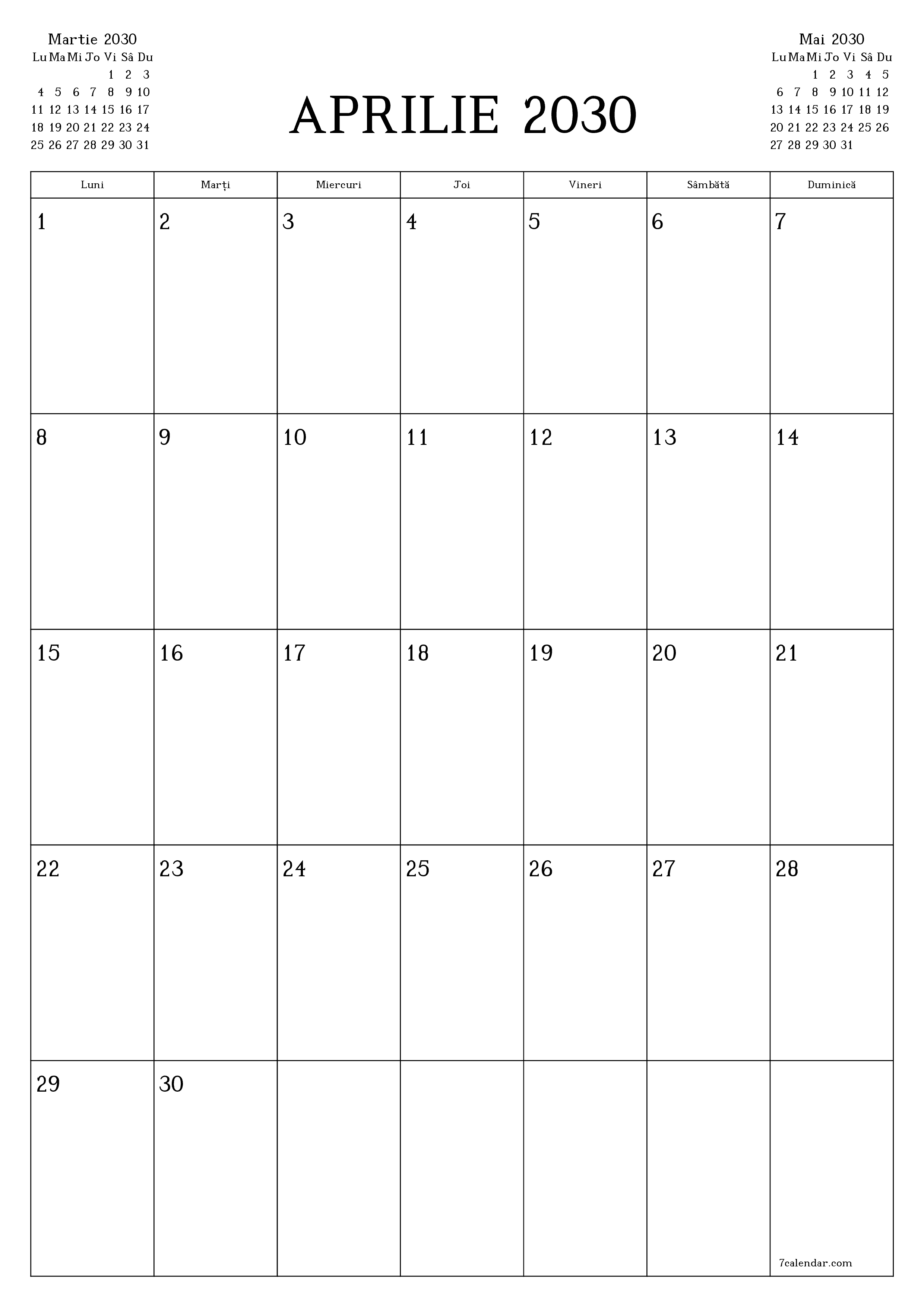 Planificator lunar gol pentru luna Aprilie 2030 cu note, salvați și tipăriți în PDF PNG Romanian