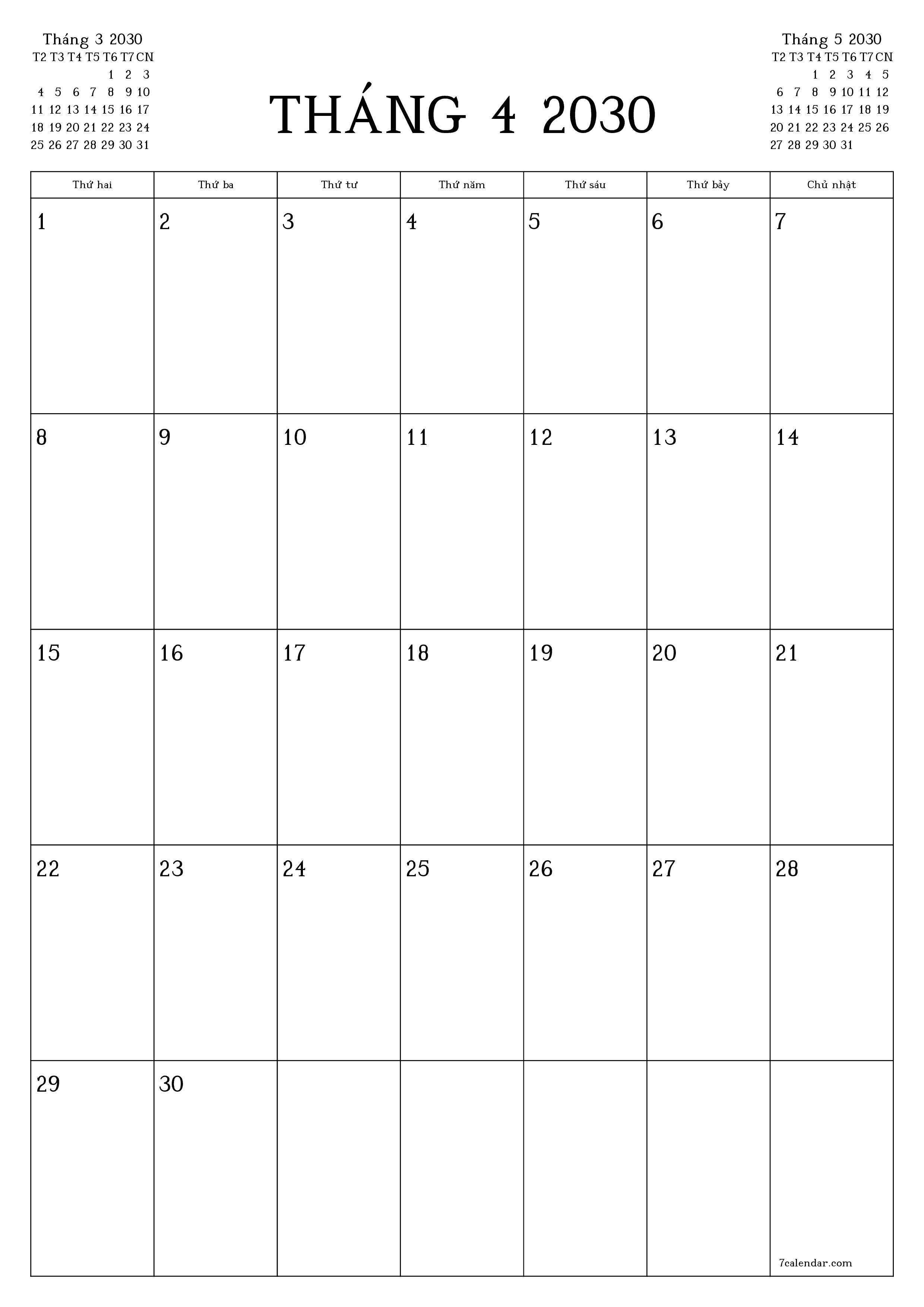 Công cụ lập kế hoạch hàng tháng trống cho tháng Tháng 4 2030 có ghi chú, lưu và in sang PDF PNG Vietnamese