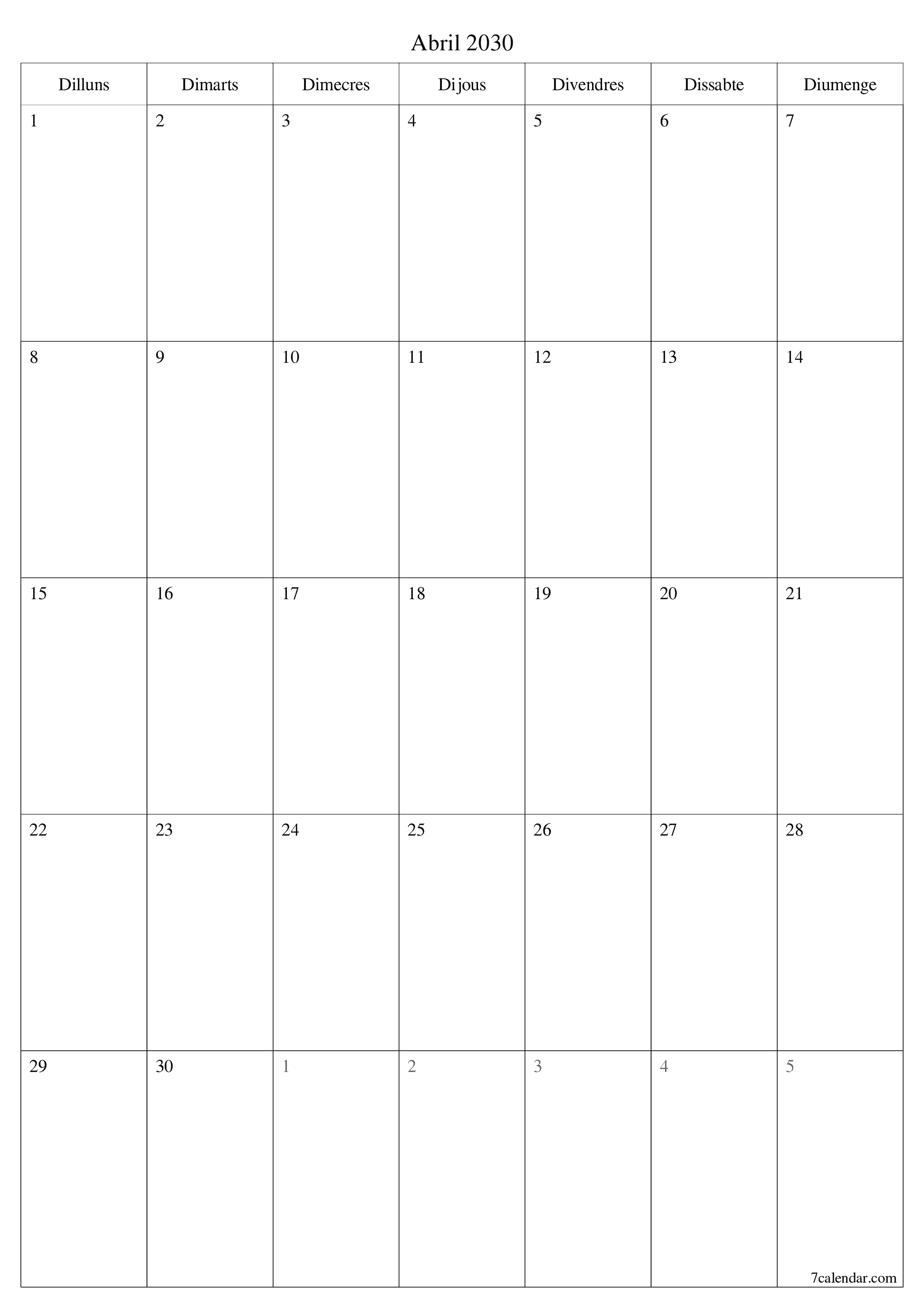  imprimible de paret plantilla de gratuïtvertical Mensual planificador calendari Abril (Abr) 2030