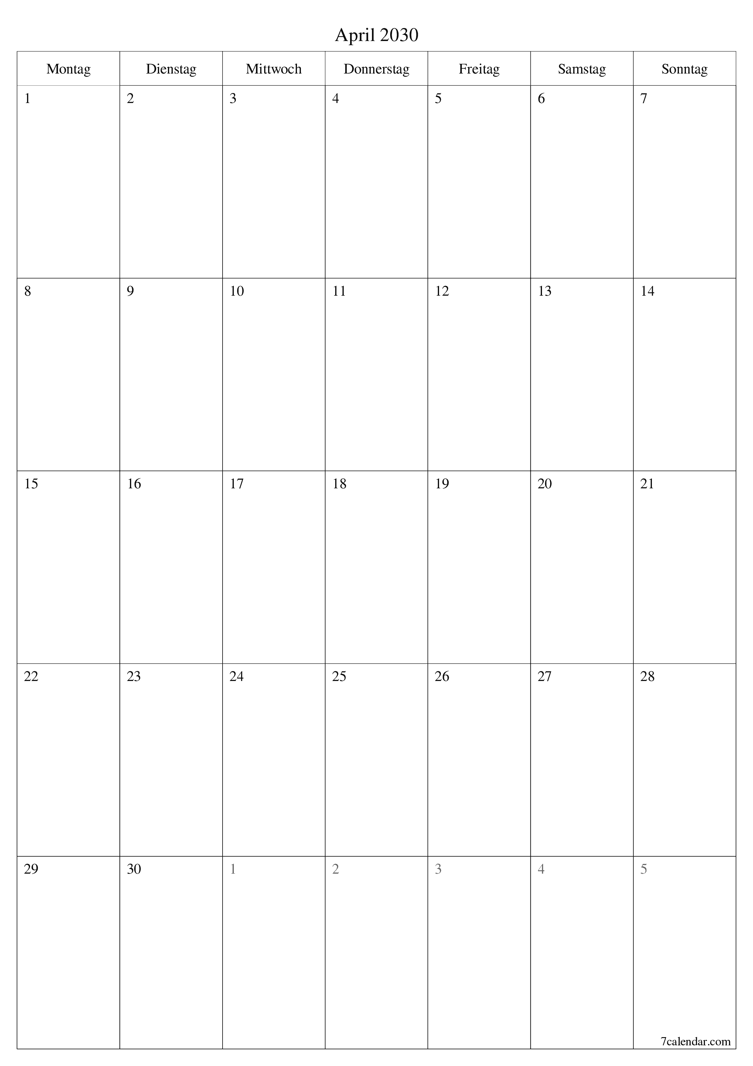 Monatsplaner für Monat April 2030 mit Notizen leeren, speichern und als PDF PNG German - 7calendar.com drucken