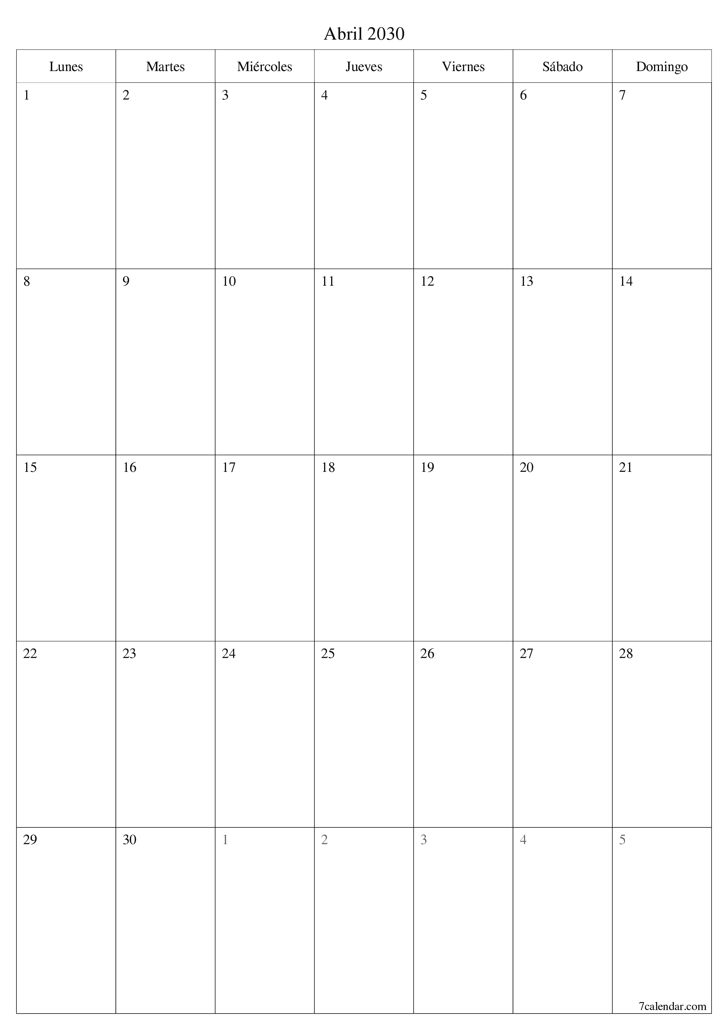  imprimible de pared plantilla de gratisvertical Mensual planificador calendario Abril (Abr) 2030