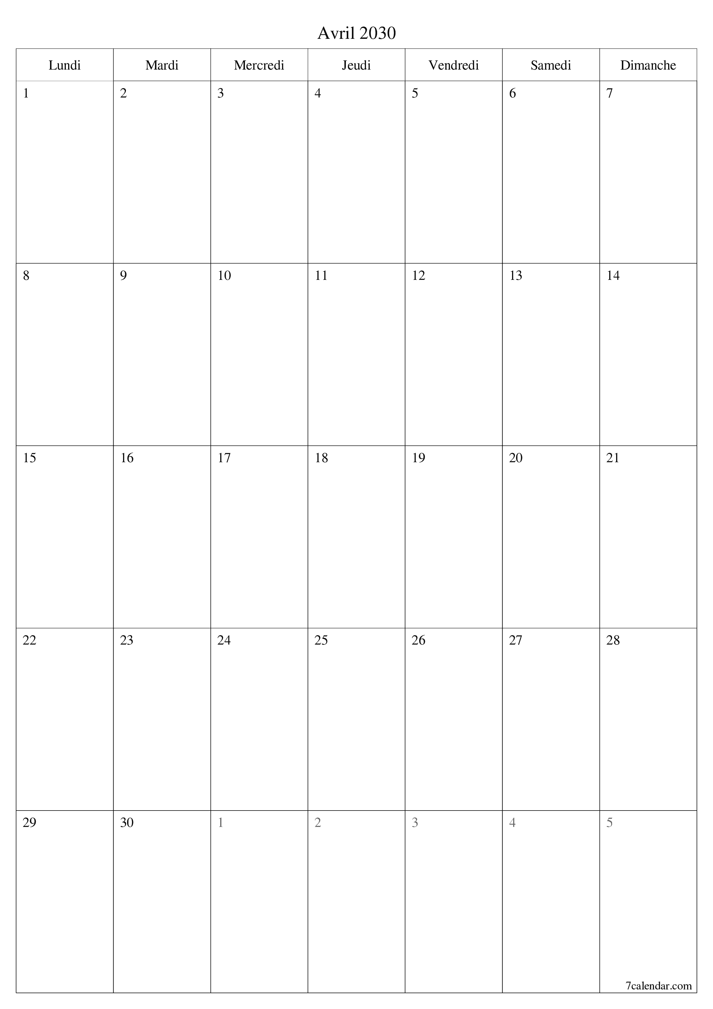  imprimable mural modèle de gratuitverticale Mensuel planificateur calendrier Avril (Avr) 2030