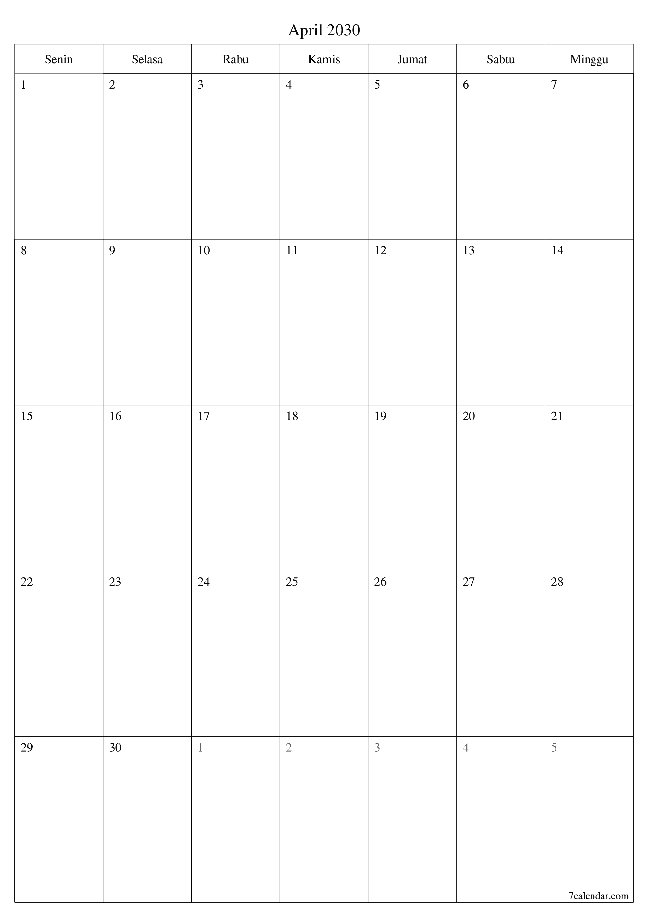  yang dapat dicetak dinding templat gratisvertikal Bulanan perencana kalender April (Apr) 2030