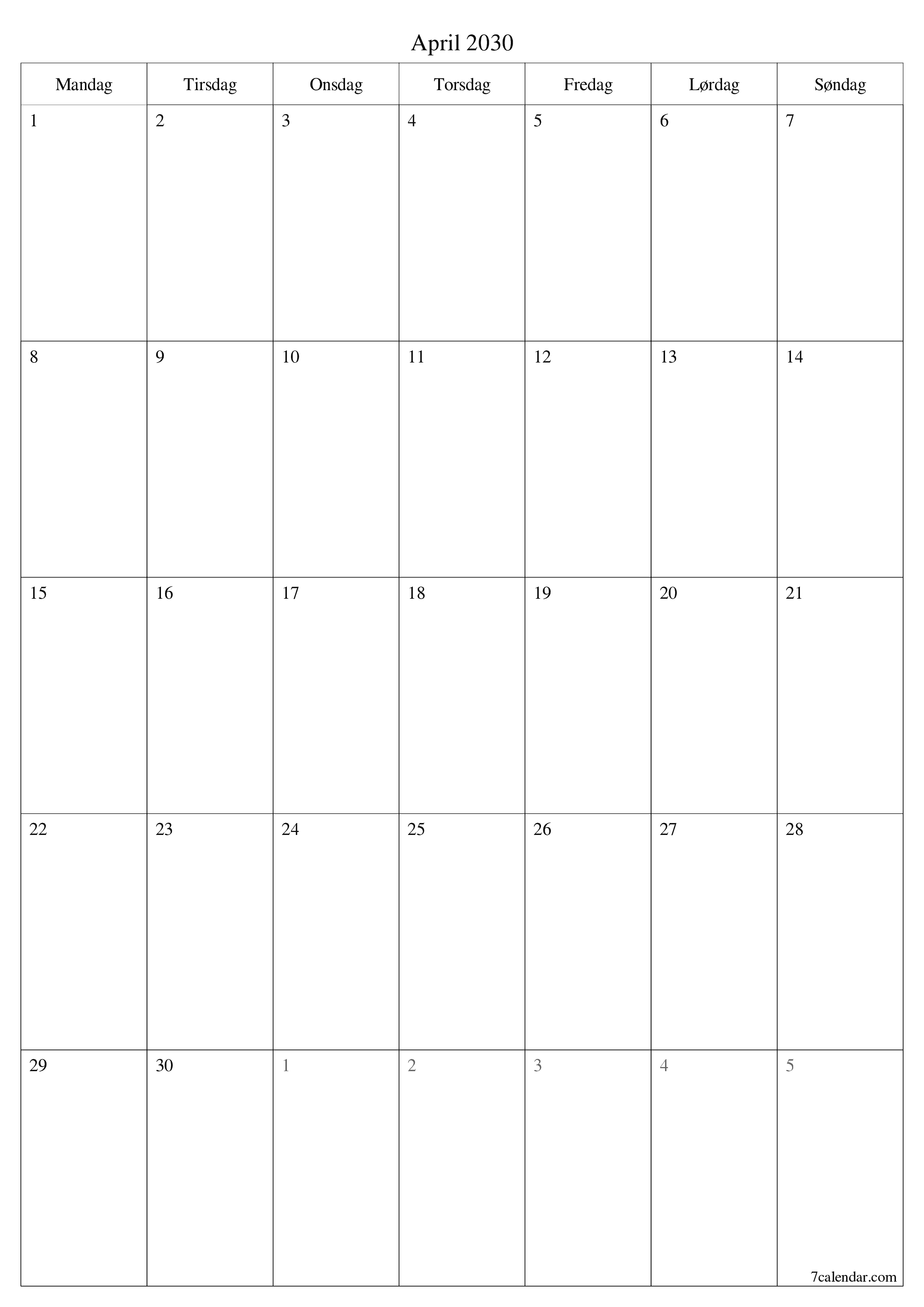 utskrivbar vegg mal gratis vertikal Månedlig planlegger kalender April (Apr) 2030