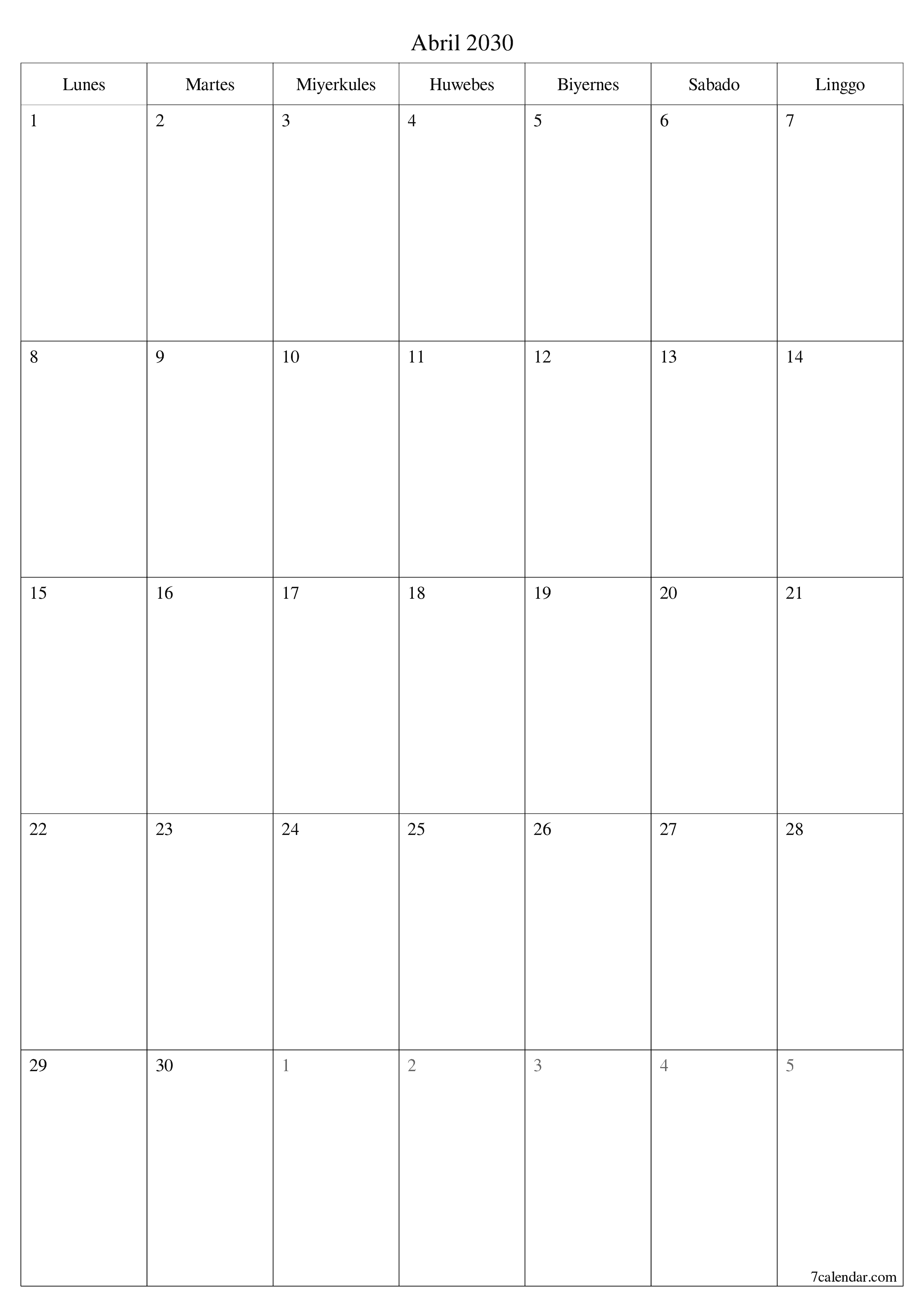 napi-print na sa dingding template ng libreng patayo Buwanang tagaplano kalendaryo Abril (Abr) 2030