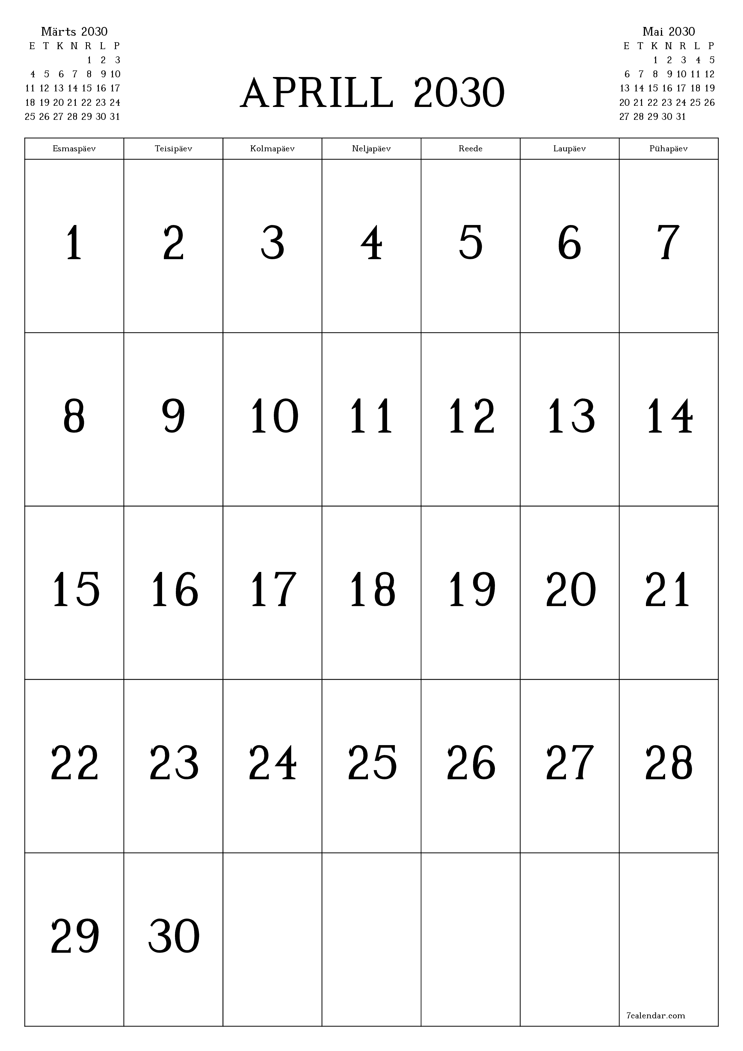 prinditav seina kalendri mall tasuta vertikaalne Igakuine kalender Aprill (Apr) 2030
