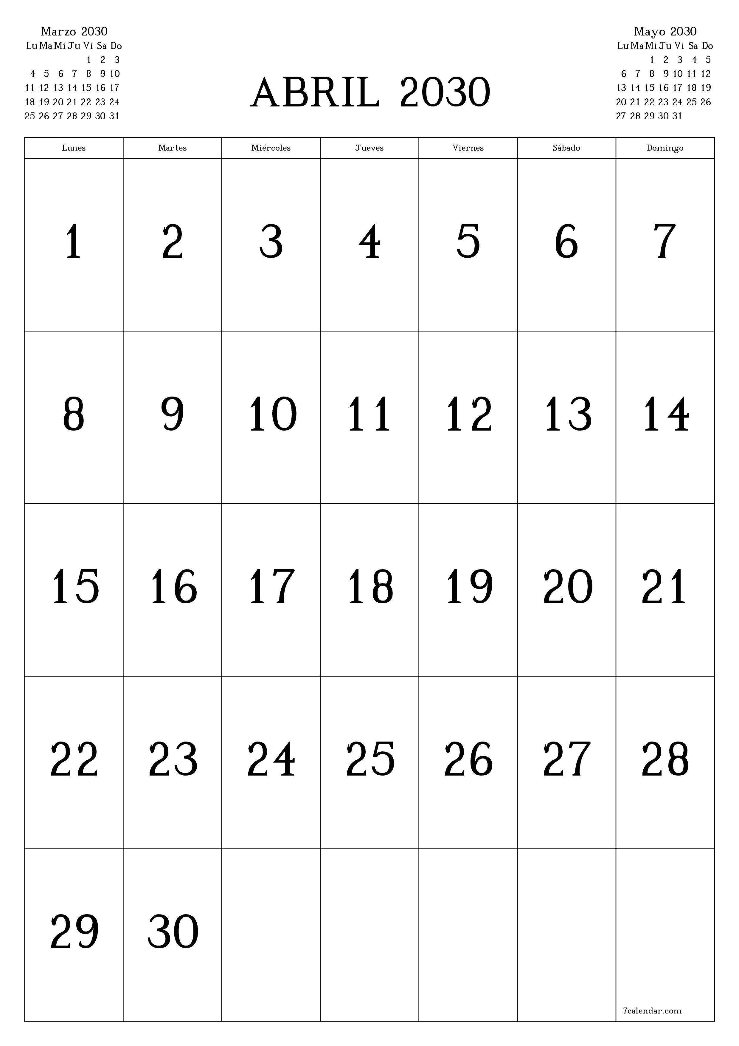  imprimible de pared plantilla de gratisvertical Mensual calendario Abril (Abr) 2030