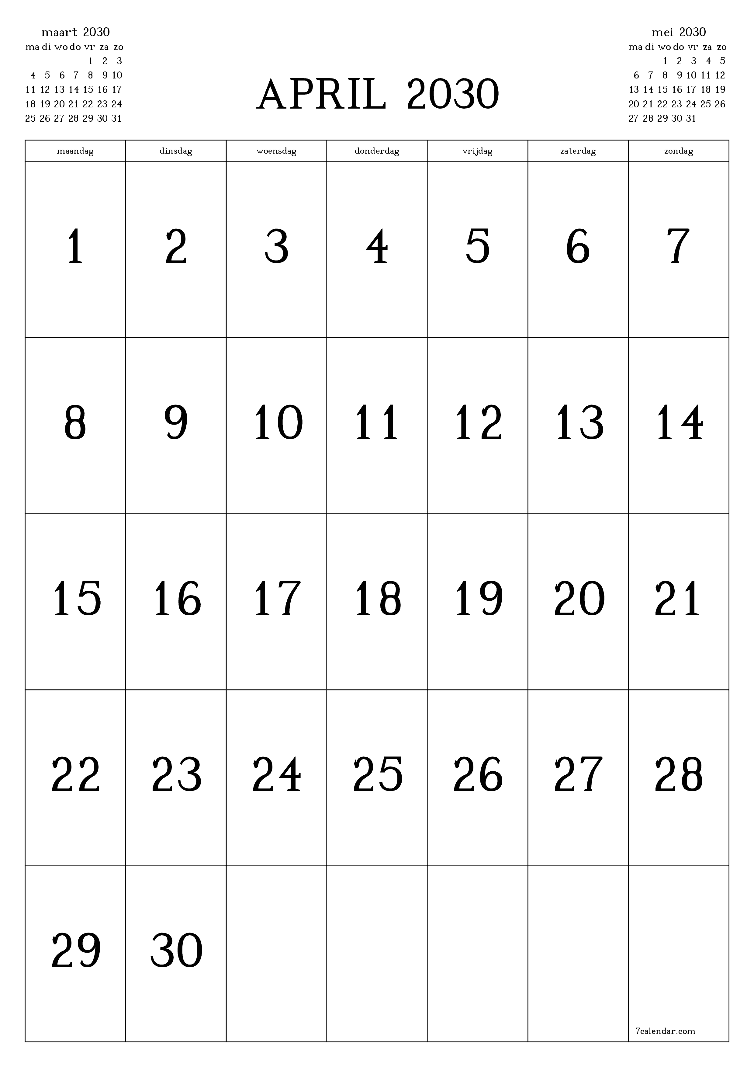 afdrukbare muur sjabloon gratis verticaal Maandelijks kalender april (apr) 2030