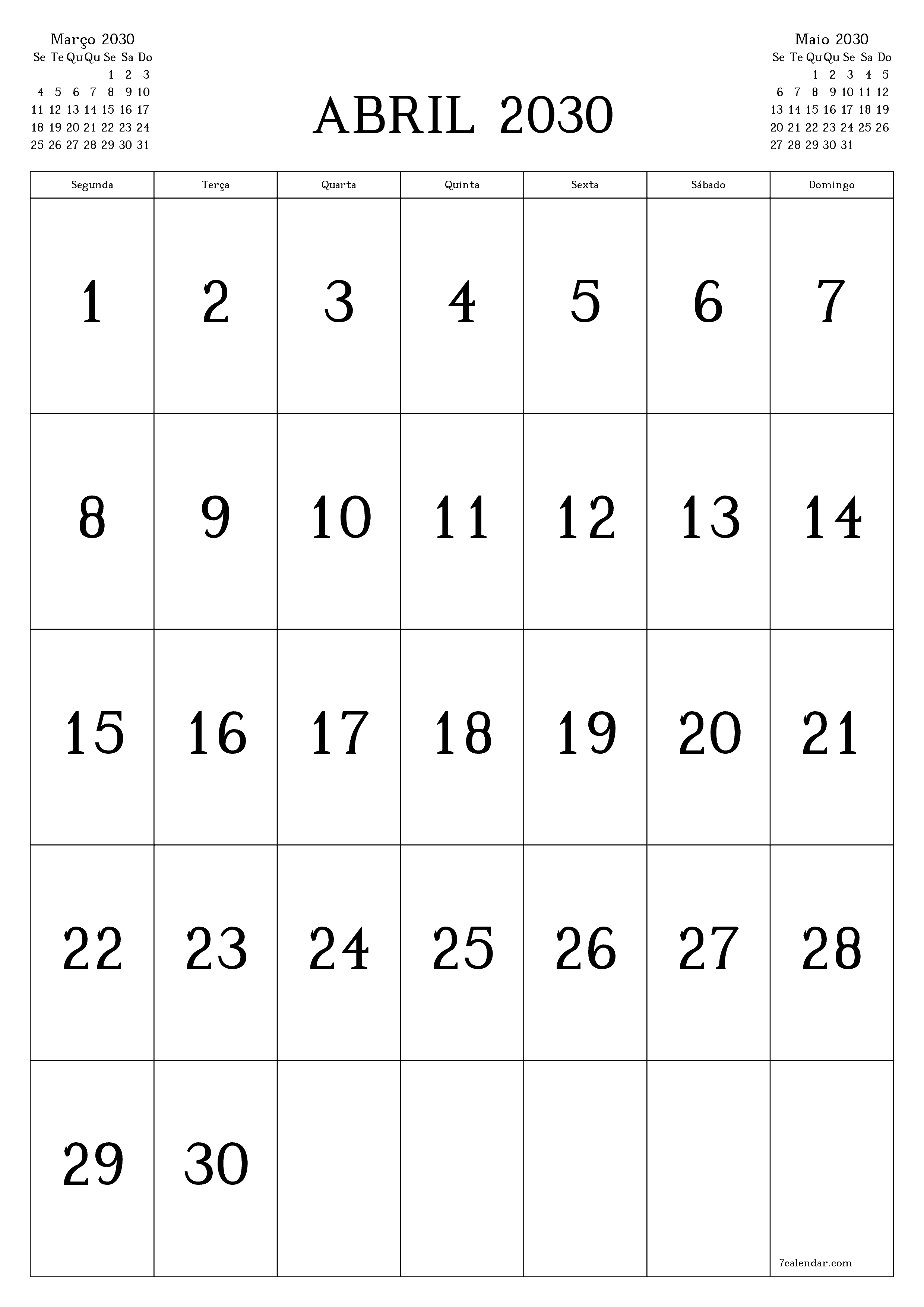  para impressão de parede modelo de grátisvertical Mensal calendário Abril (Abr) 2030