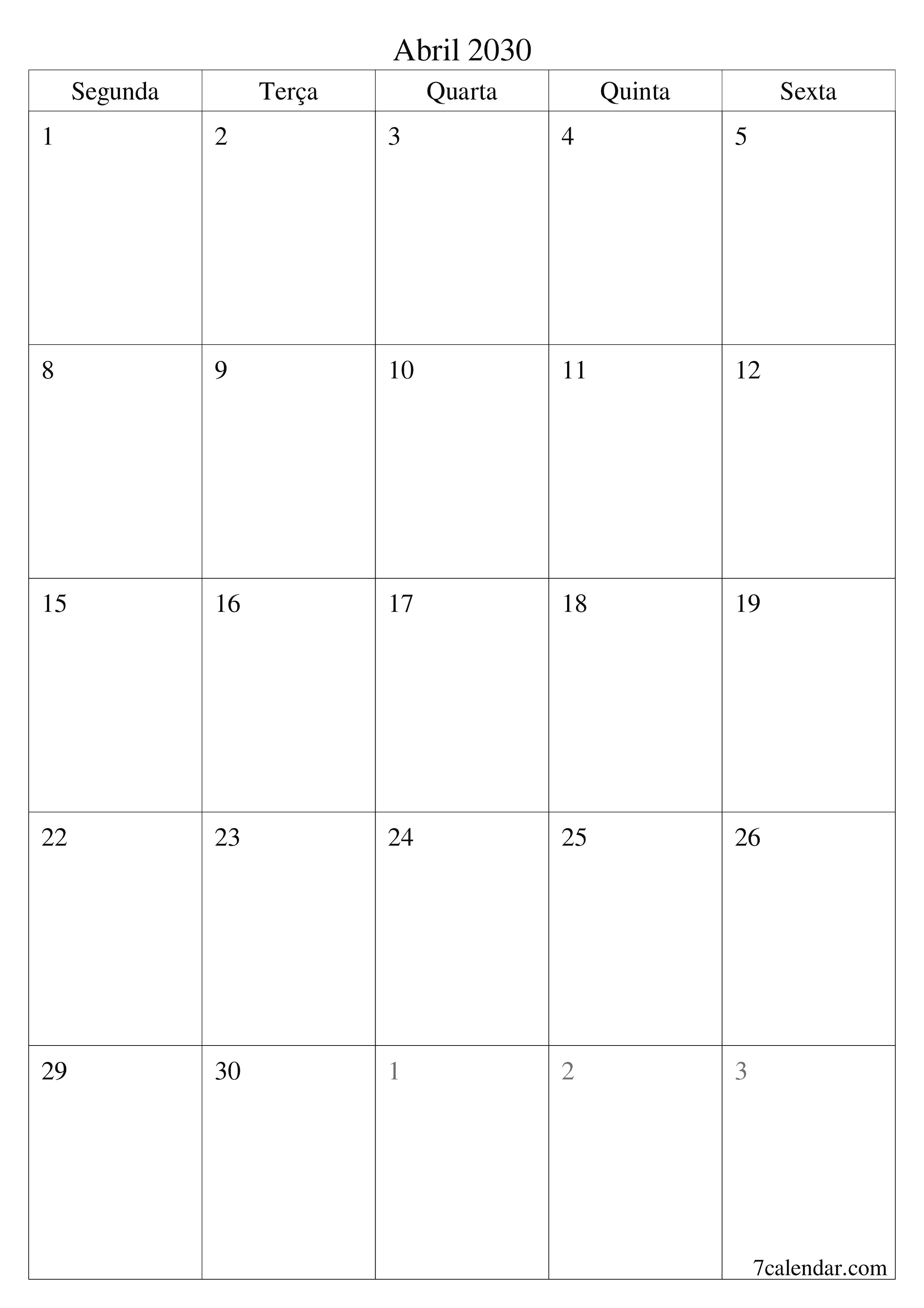  para impressão de parede modelo de grátisvertical Mensal planejador calendário Abril (Abr) 2030