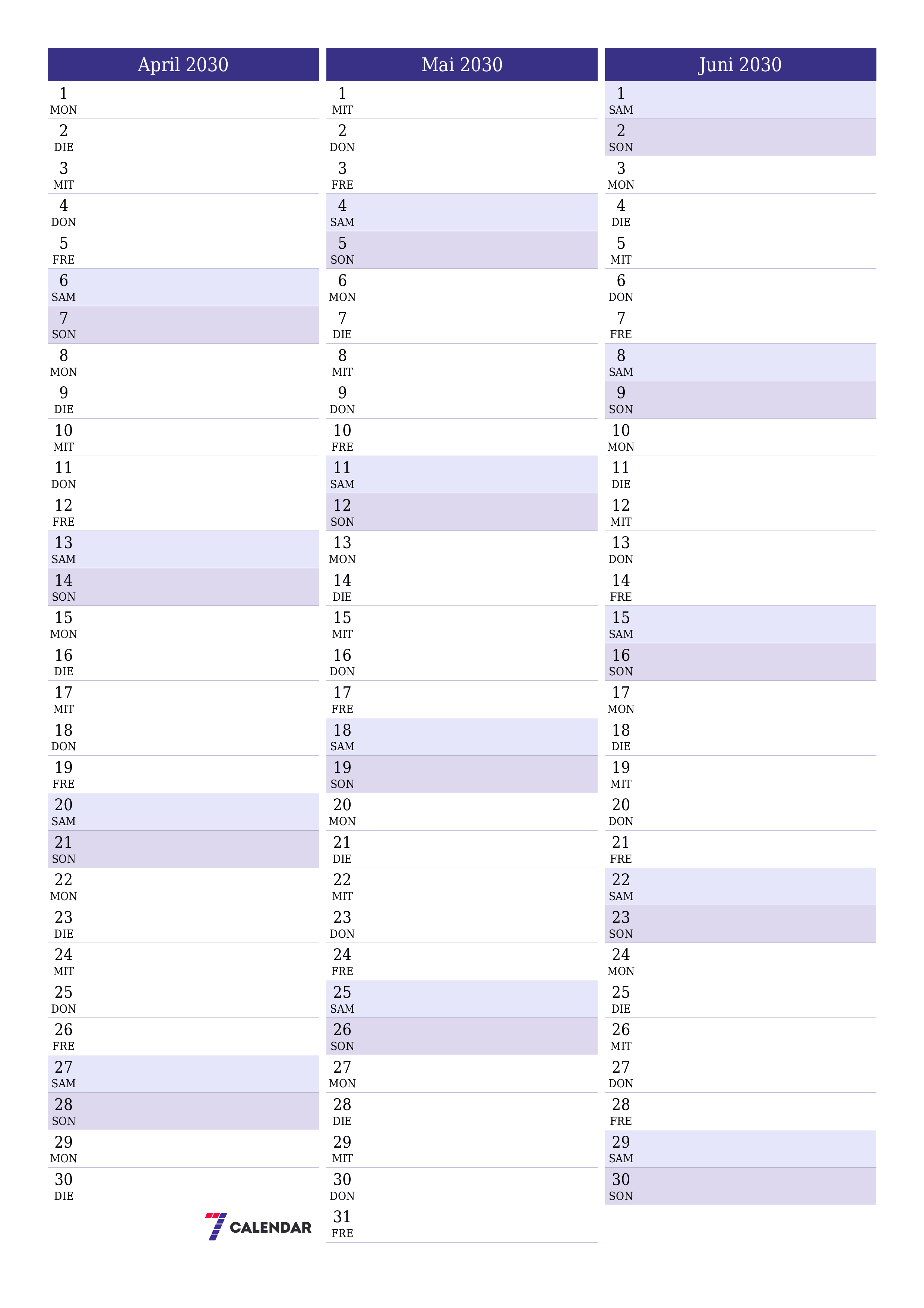 Monatsplaner für Monat April 2030 mit Notizen leeren, speichern und als PDF PNG German - 7calendar.com drucken