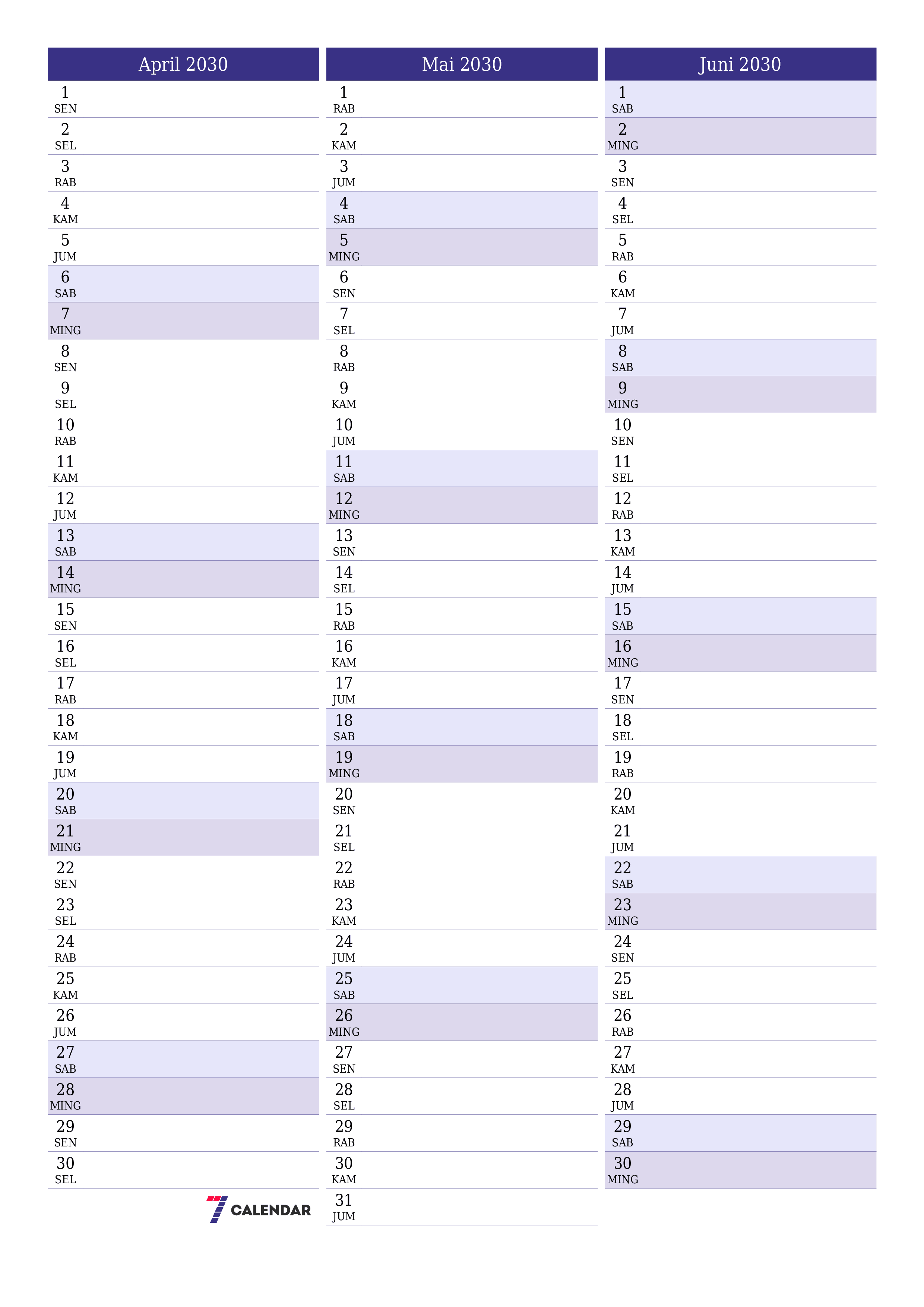  yang dapat dicetak dinding templat gratisvertikal Bulanan perencana kalender April (Apr) 2030