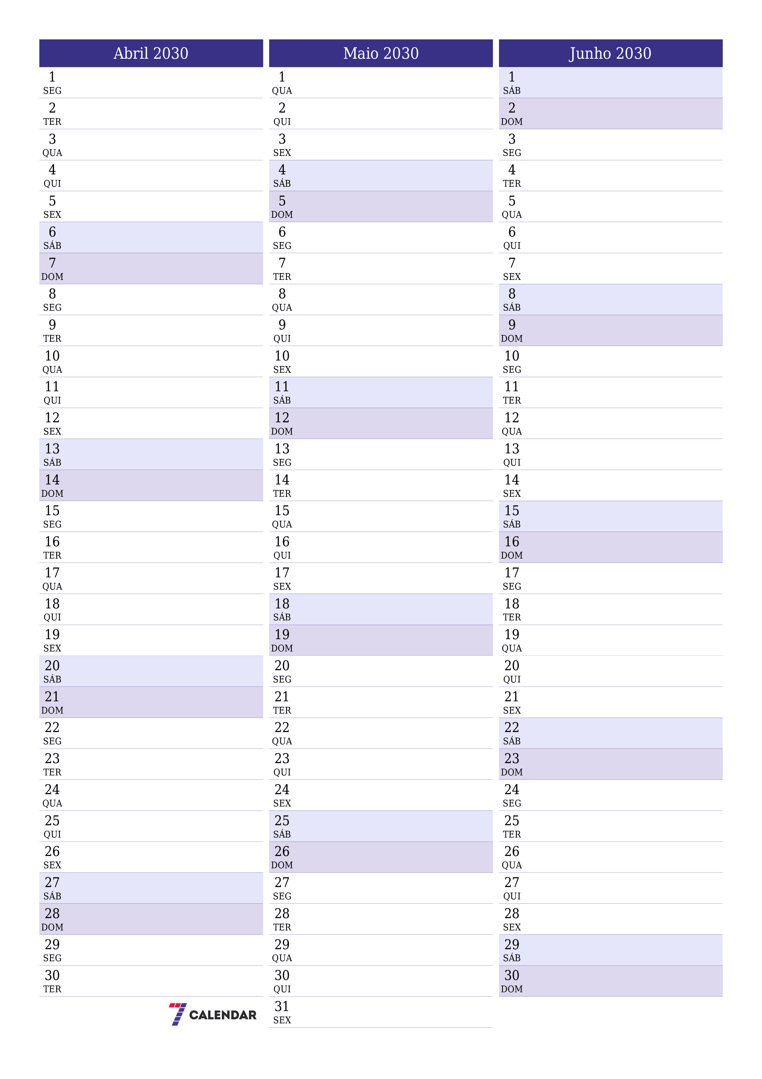 Esvazie o planejador mensal para o mês Abril 2030 com notas, salve e imprima em PDF PNG Portuguese