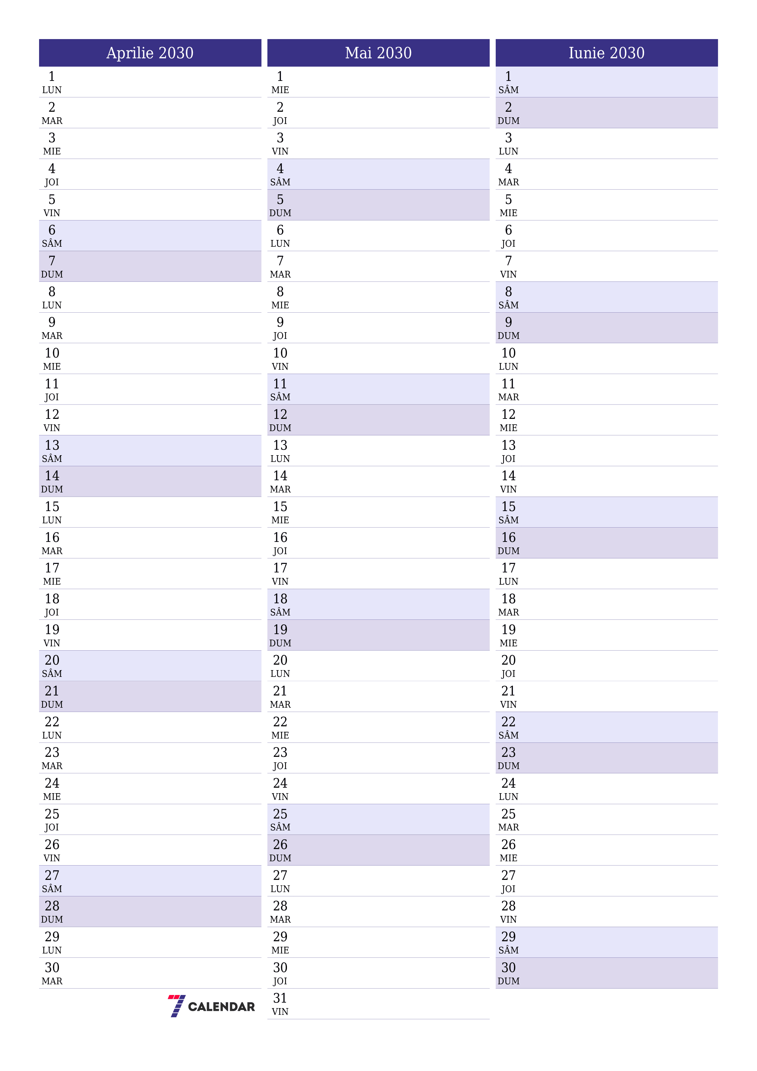 Planificator lunar gol pentru luna Aprilie 2030 cu note, salvați și tipăriți în PDF PNG Romanian