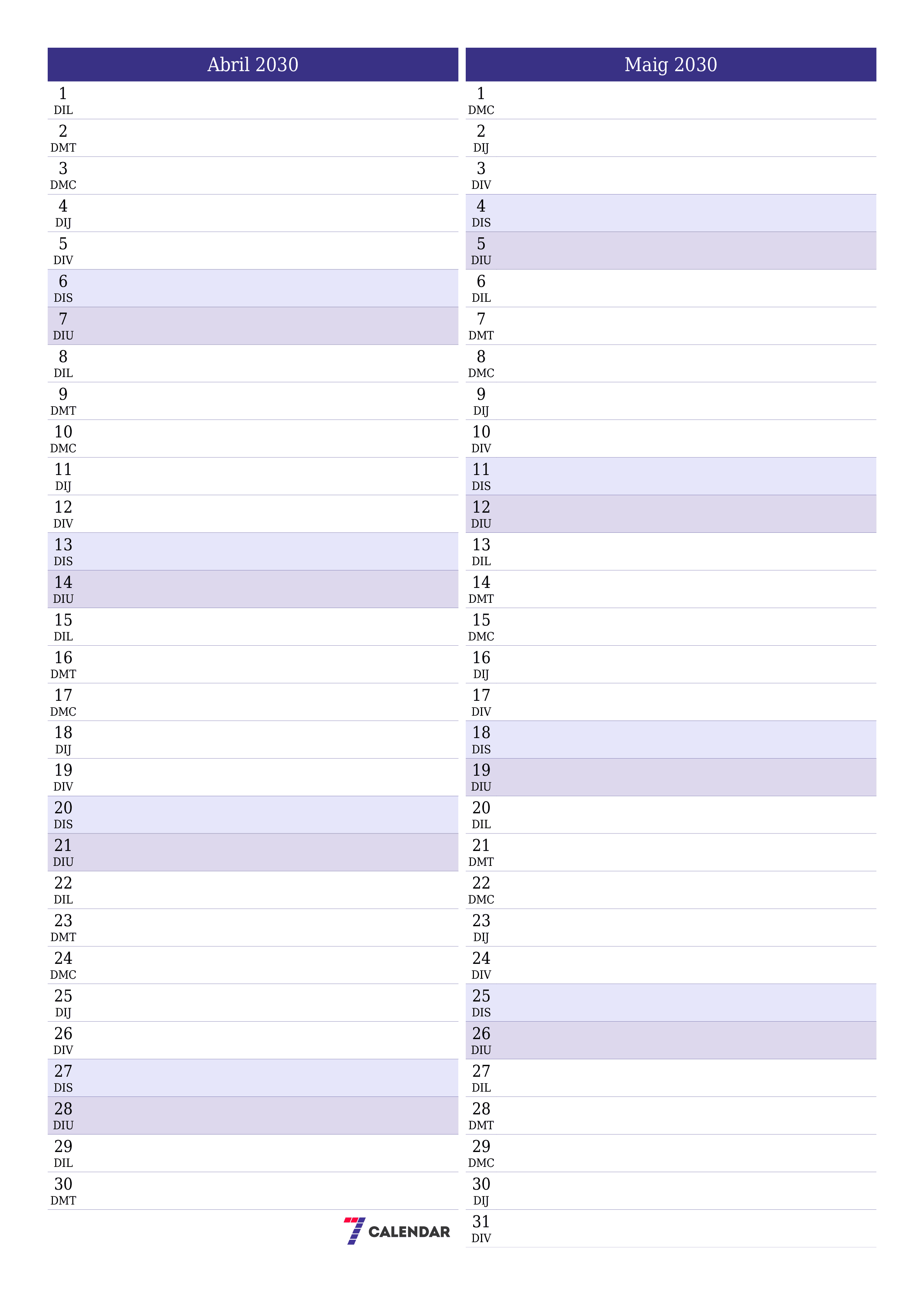  imprimible de paret plantilla de gratuïtvertical Mensual planificador calendari Abril (Abr) 2030