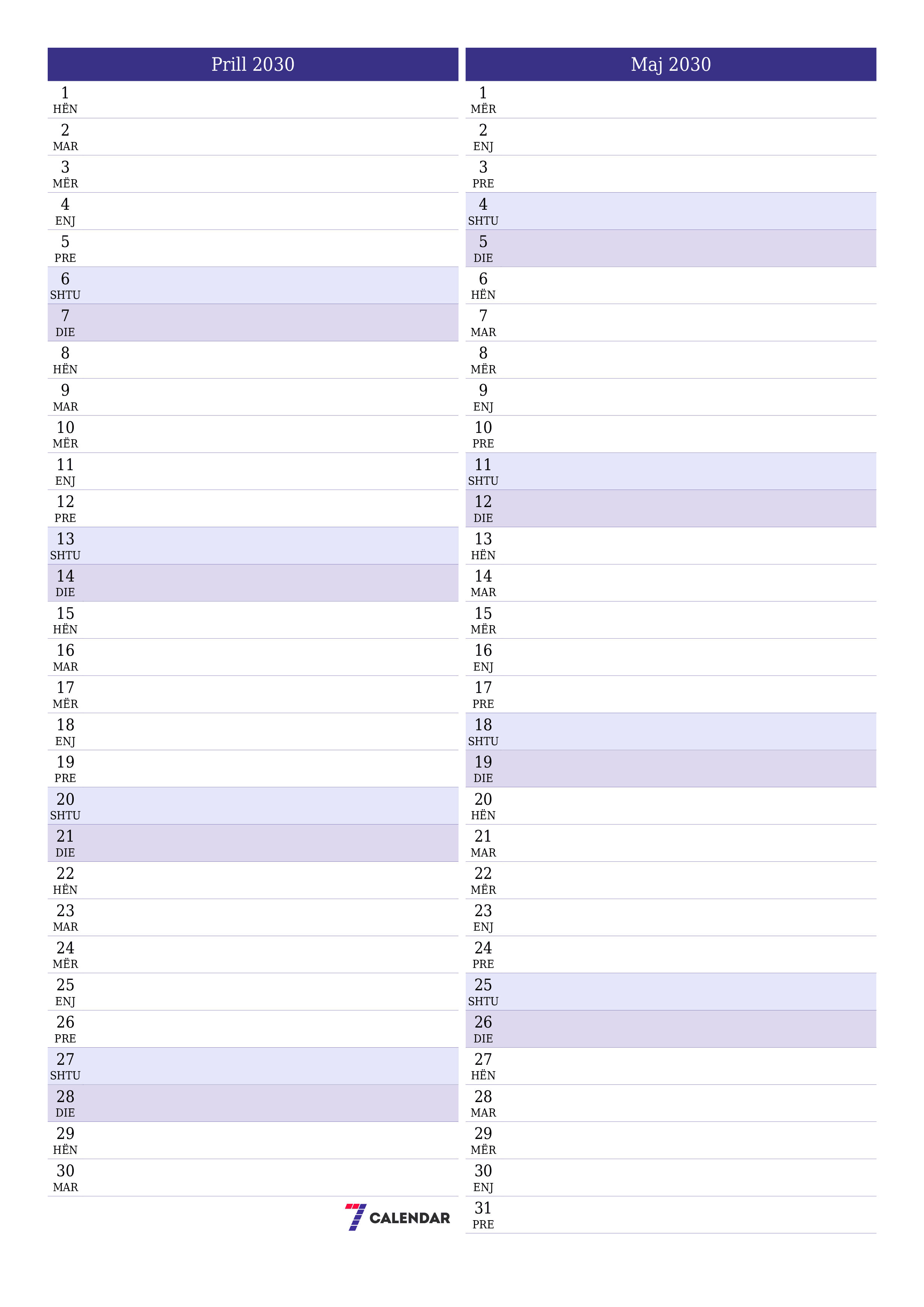 Planifikuesi i zbrazët i kalendarit mujor për muajin Prill 2030 me shënime të ruajtura dhe të printuara në PDF PNG Albanian