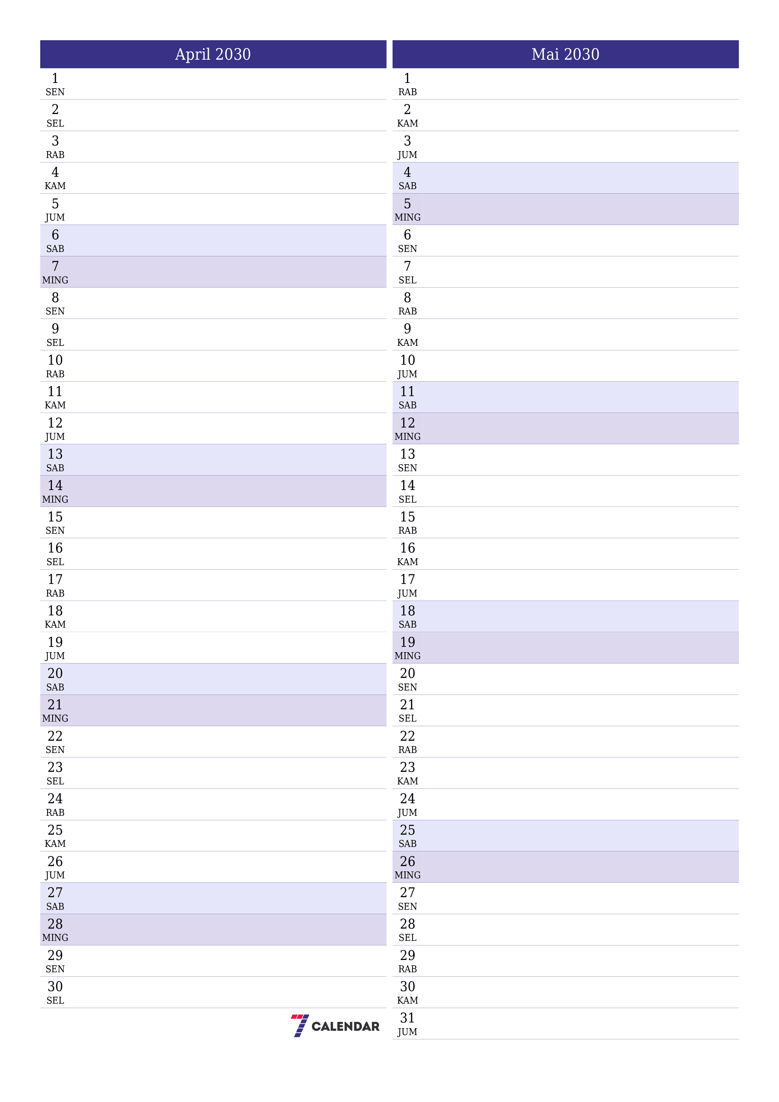  yang dapat dicetak dinding templat gratisvertikal Bulanan perencana kalender April (Apr) 2030