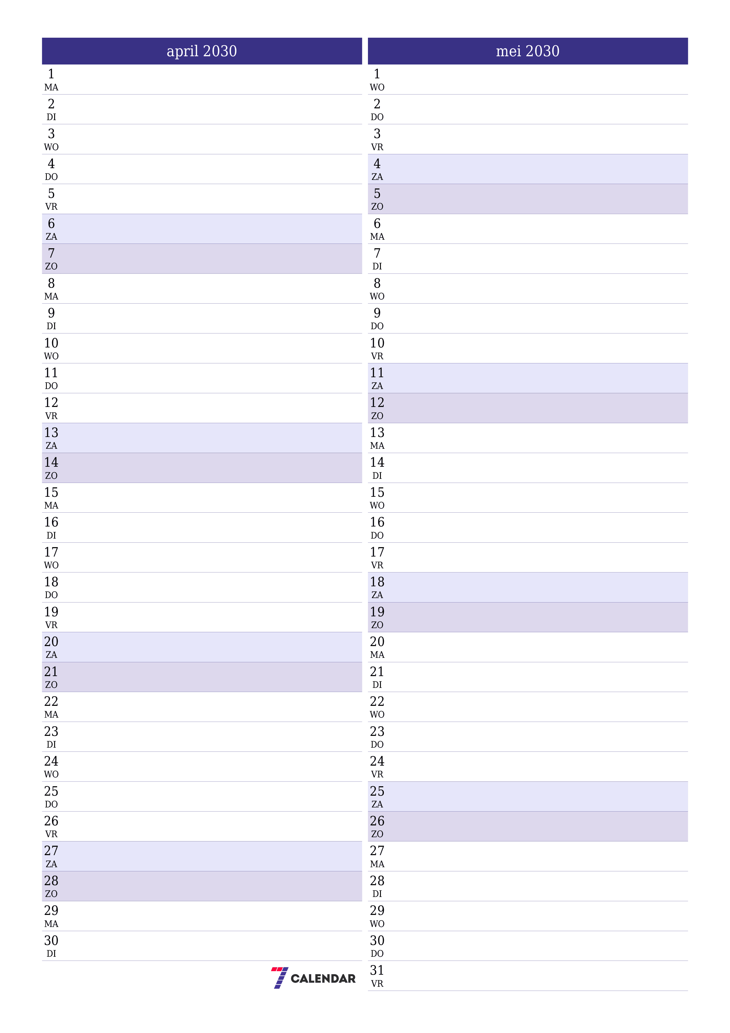 Lege maandplanner voor maand april 2030 met notities, opslaan en afdrukken naar pdf PNG Dutch