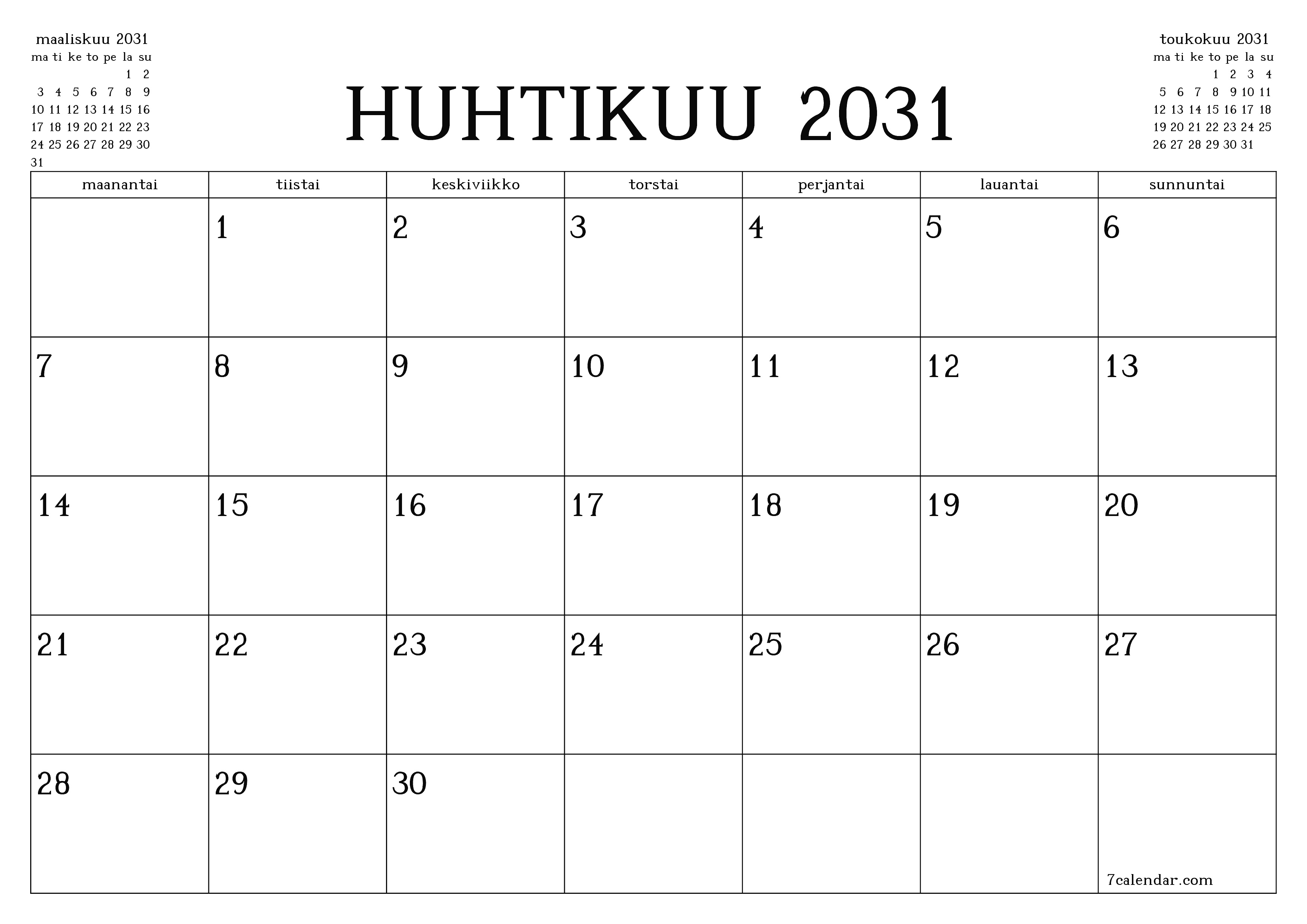 Tyhjennä kuukausittainen suunnittelija kuukaudelle Huhtikuu 2031 muistiinpanoilla, tallenna ja tulosta PDF-muotoon PNG Finnish