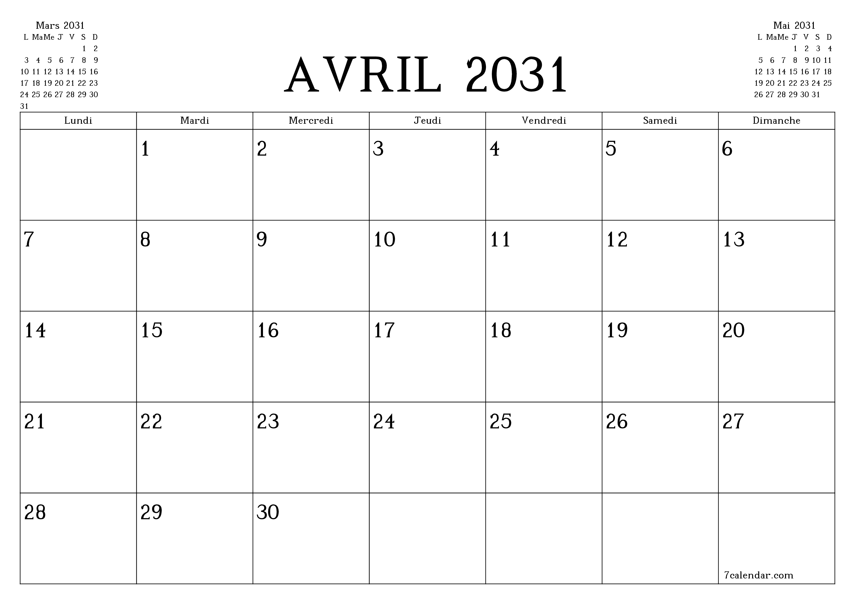 Agenda mensuel vide pour le mois Avril 2031 avec notes, enregistrez et imprimez au format PDF PNG French