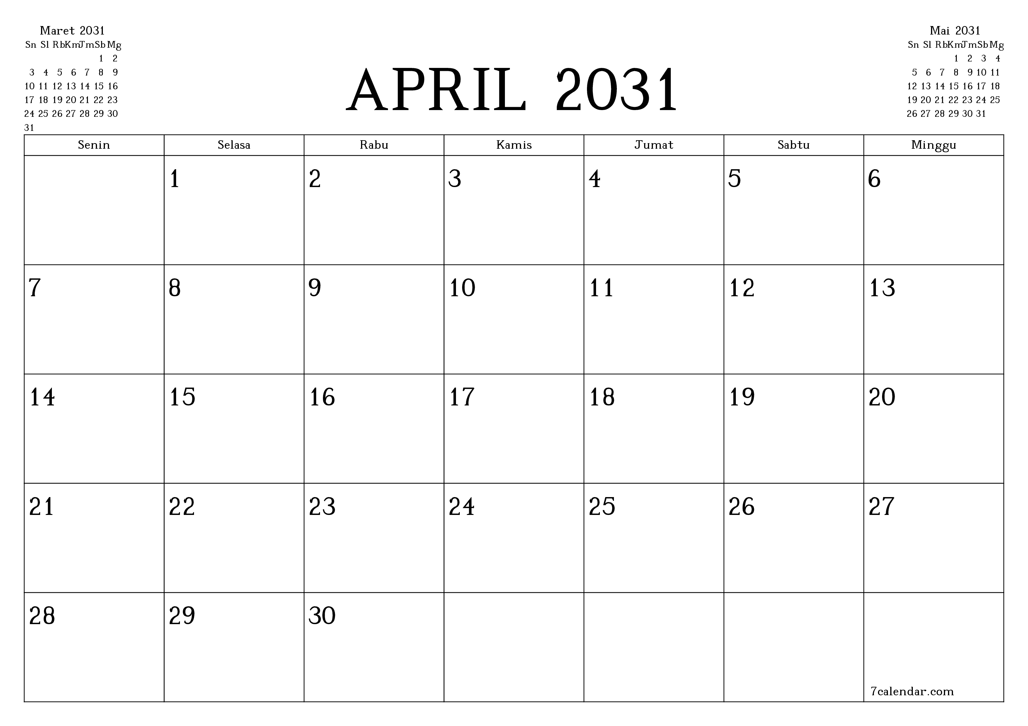 Kosongkan agenda bulanan untuk bulan April 2031 dengan catatan, simpan dan cetak ke PDF PNG Indonesian