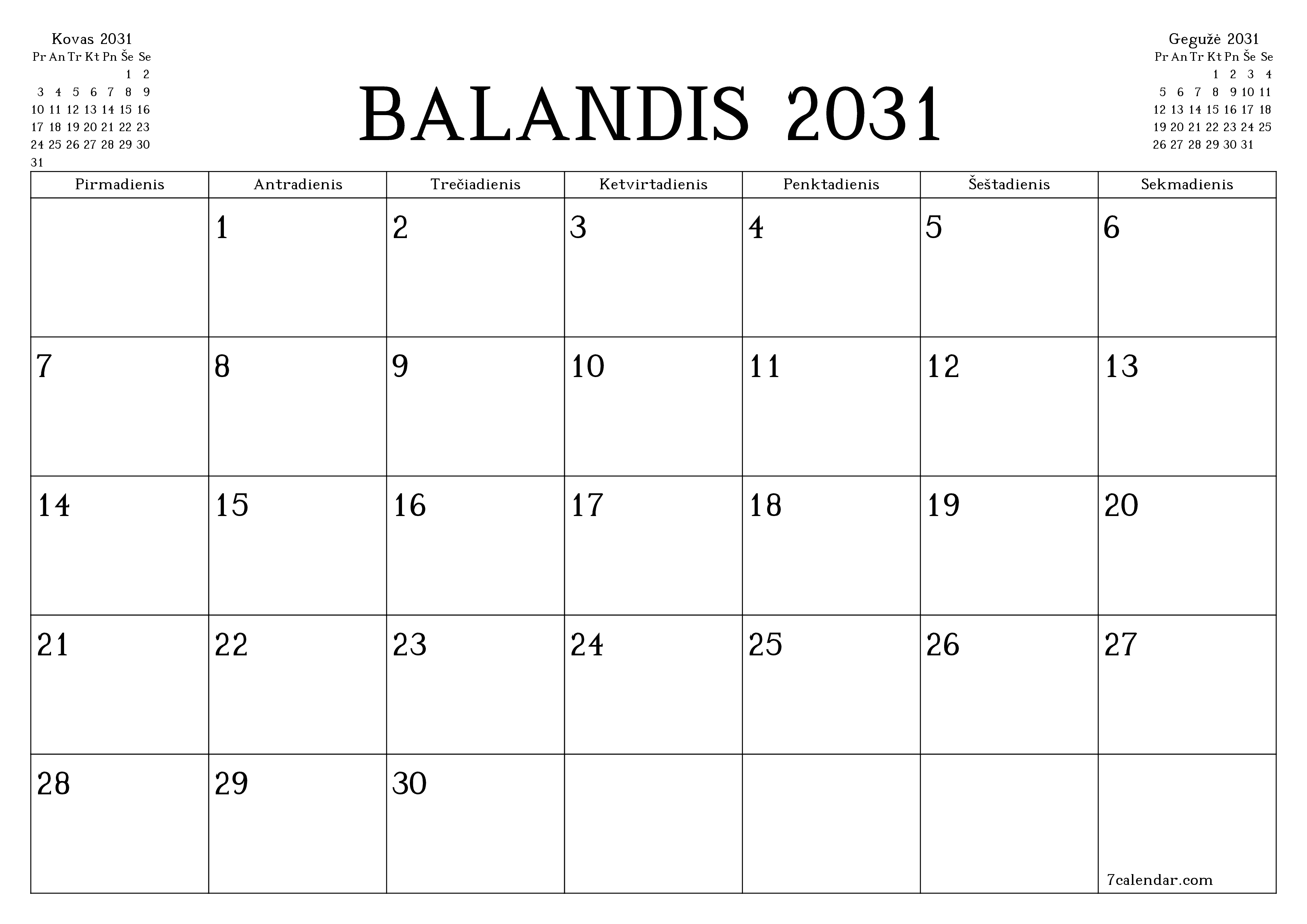 Ištuštinti mėnesio Balandis 2031 mėnesio planavimo priemonę su užrašais, išsaugoti ir atsispausdinti PDF formate PNG Lithuanian
