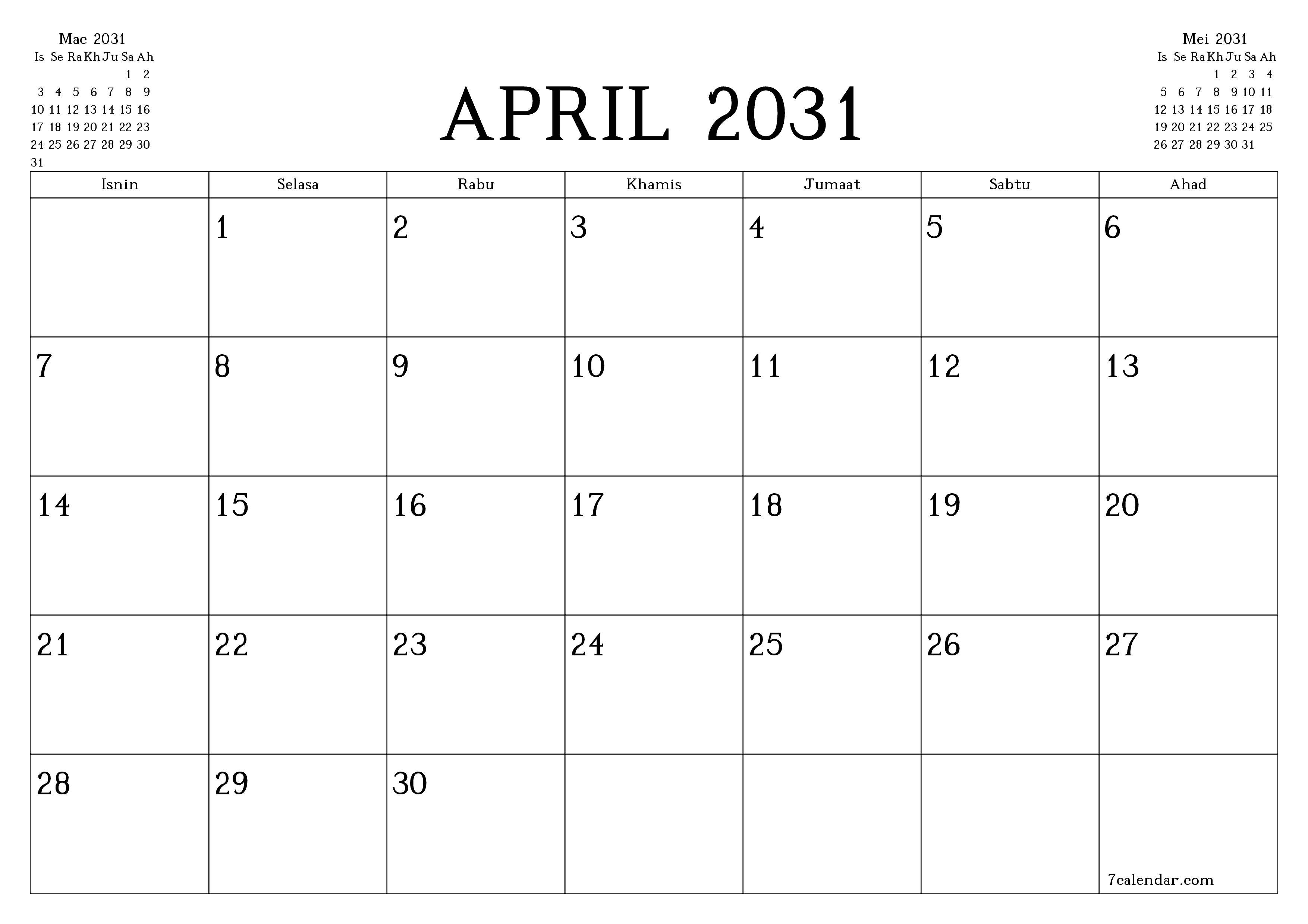 Perancang bulanan kosong untuk bulan April 2031 dengan nota, simpan dan cetak ke PDF PNG Malay