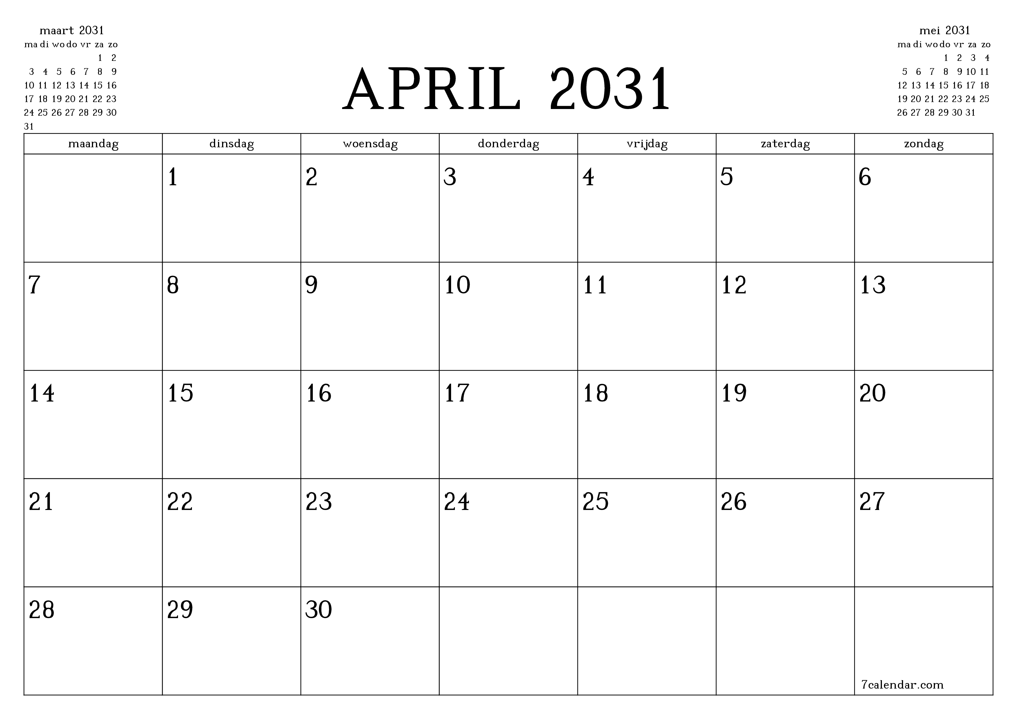 Lege maandplanner voor maand april 2031 met notities, opslaan en afdrukken naar pdf PNG Dutch