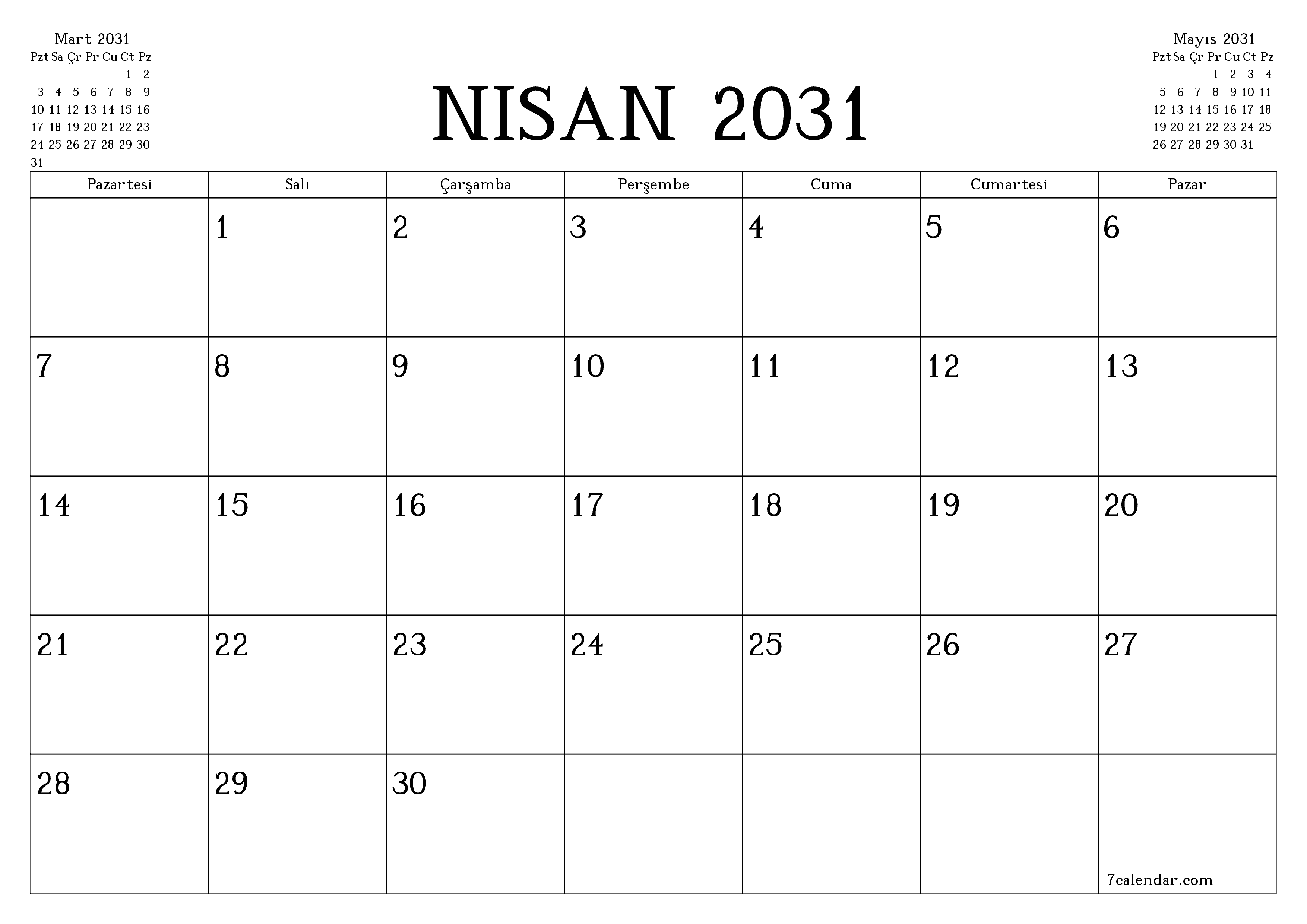 Nisan 2031 ayı için notlarla birlikte boş aylık planlayıcı, kaydedin ve PDF'ye yazdırın PNG Turkish