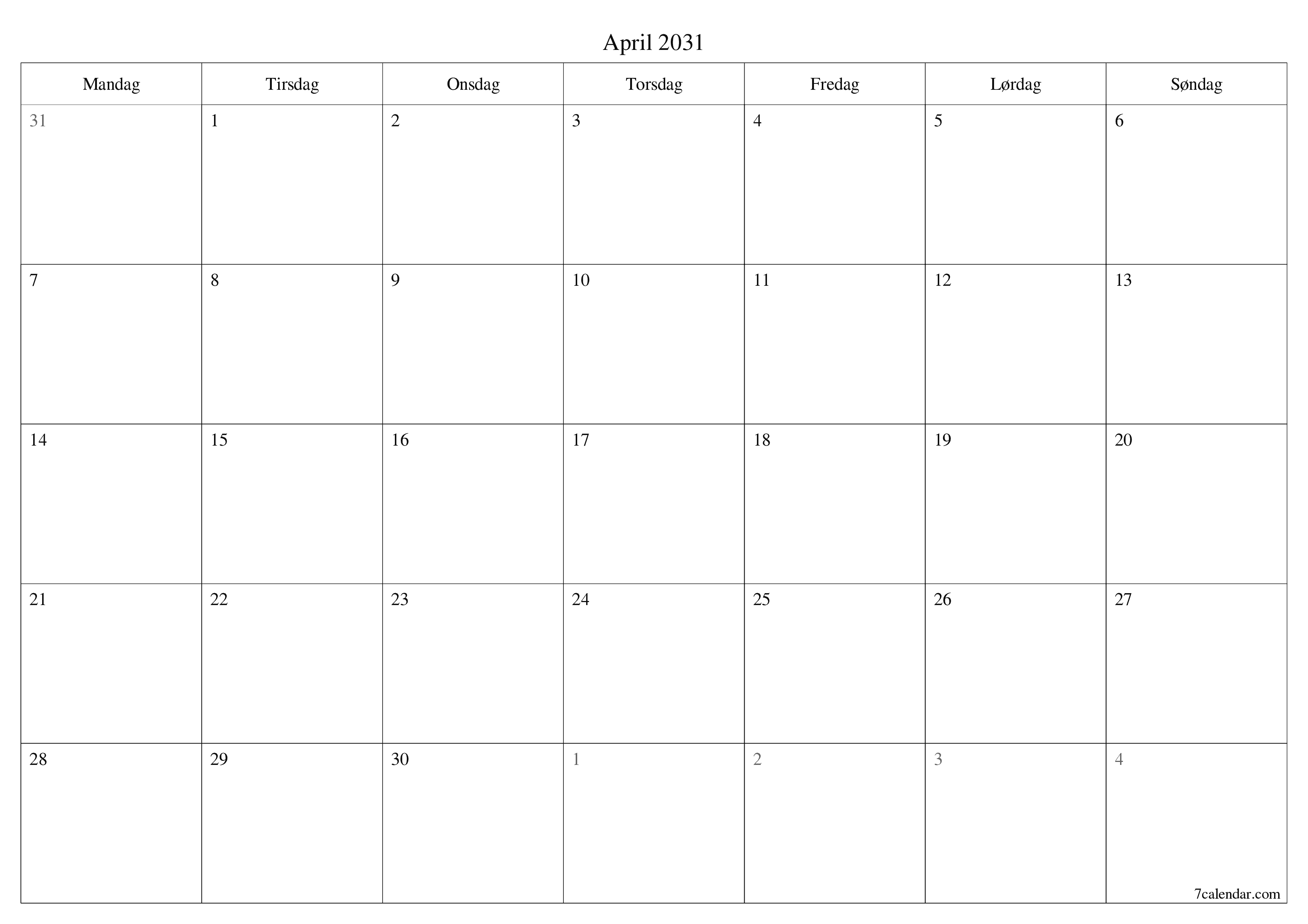Tom månedlig planlegger for måned April 2031 med notater, lagre og skriv ut til PDF PNG Norwegian