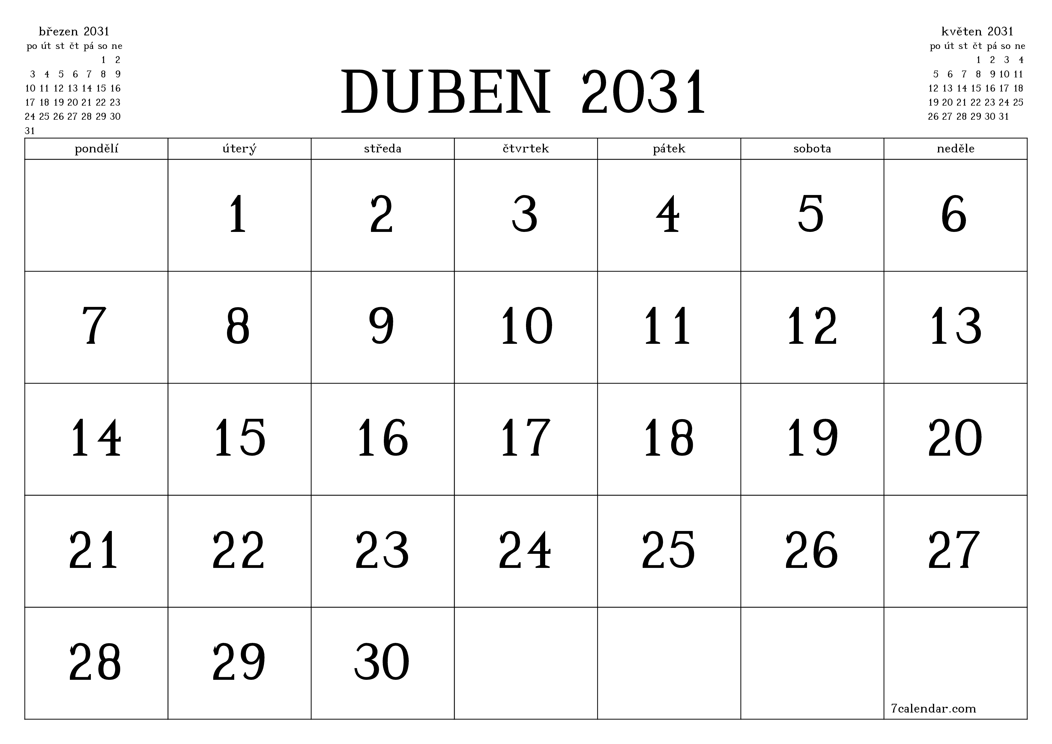 Vyprázdnit měsíční plánovač na měsíc duben 2031 s poznámkami, uložit a vytisknout do PDF PNG Czech