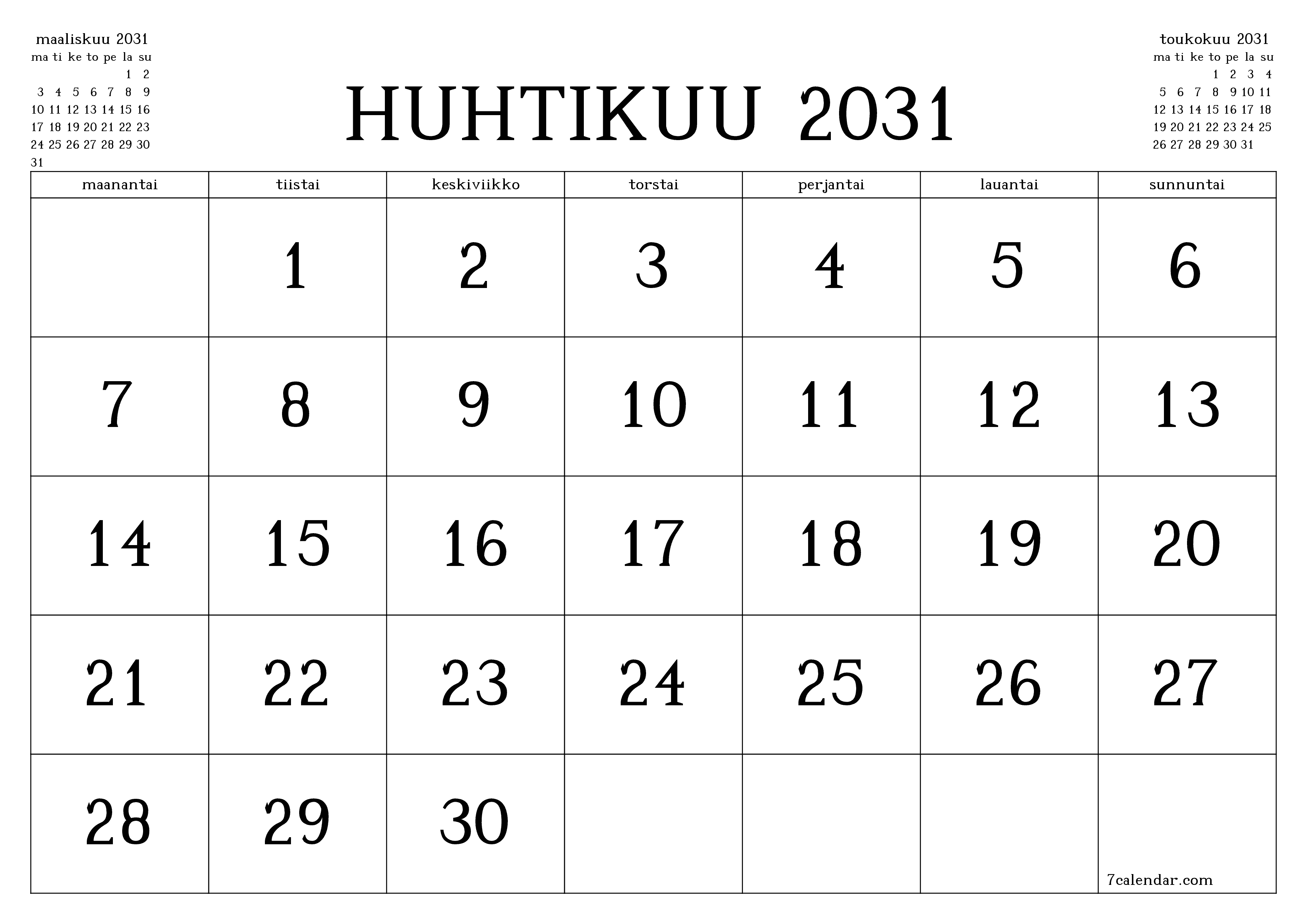 Tyhjennä kuukausittainen suunnittelija kuukaudelle Huhtikuu 2031 muistiinpanoilla, tallenna ja tulosta PDF-muotoon PNG Finnish