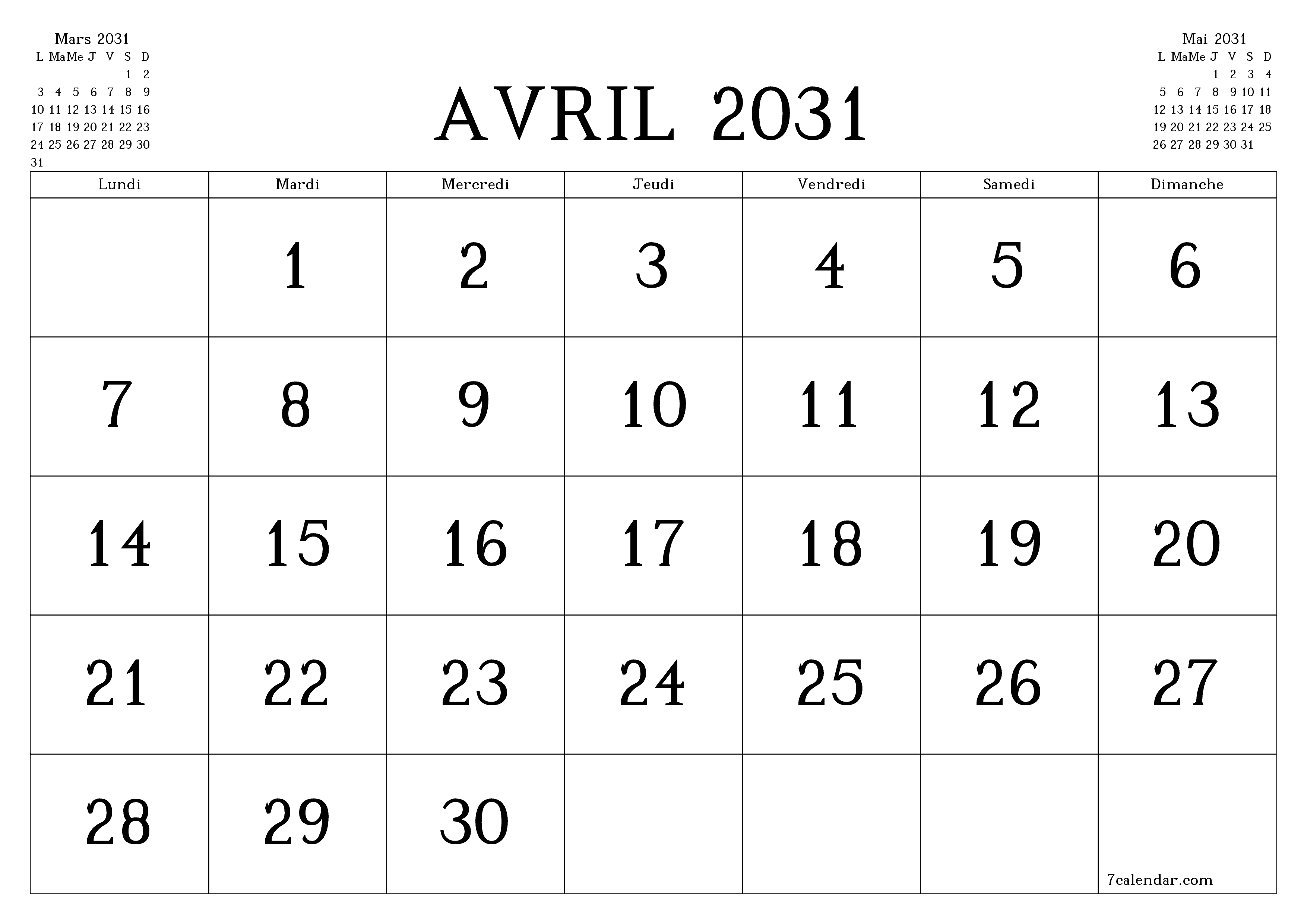 Agenda mensuel vide pour le mois Avril 2031 avec notes, enregistrez et imprimez au format PDF PNG French