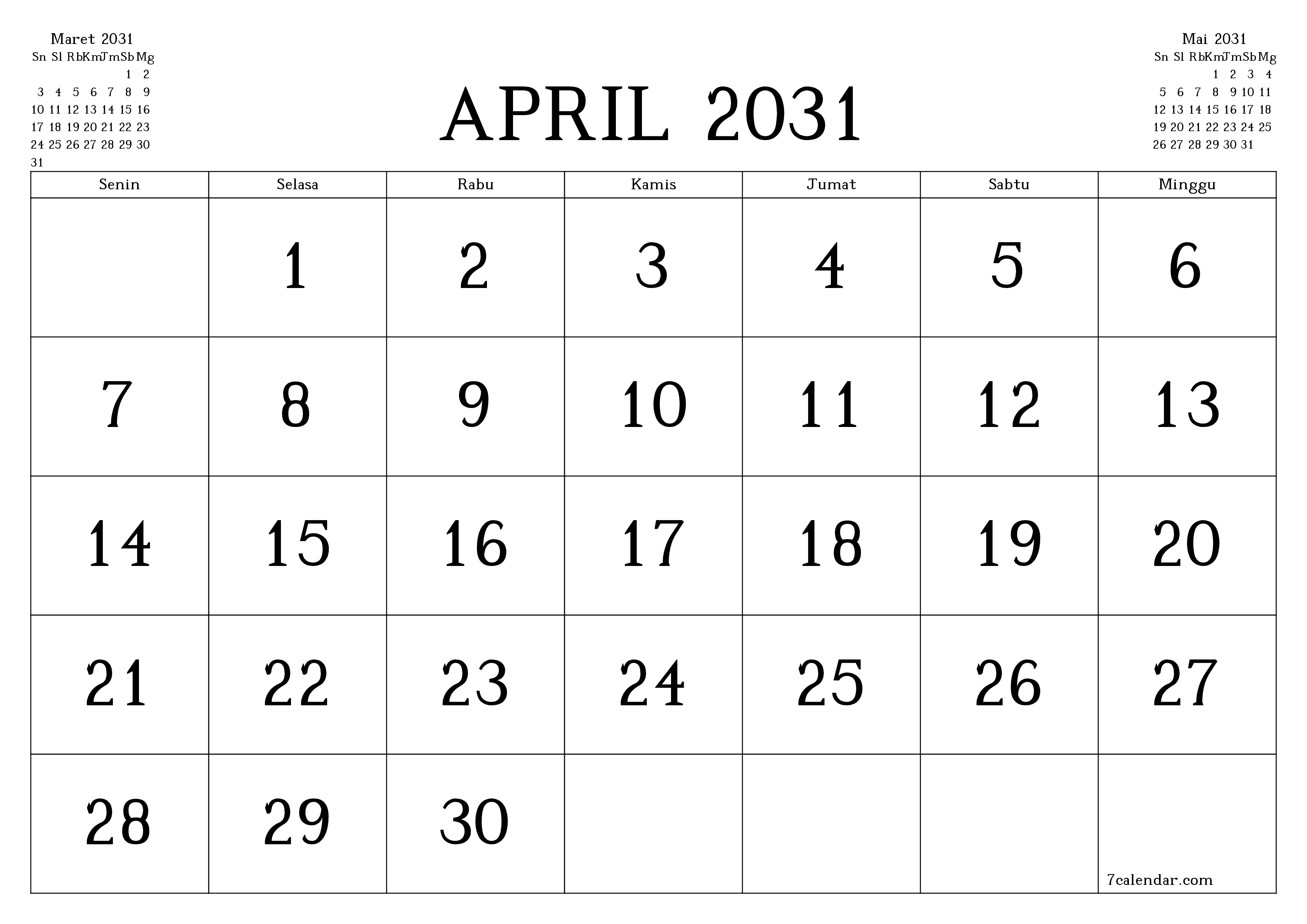 Kosongkan agenda bulanan untuk bulan April 2031 dengan catatan, simpan dan cetak ke PDF PNG Indonesian