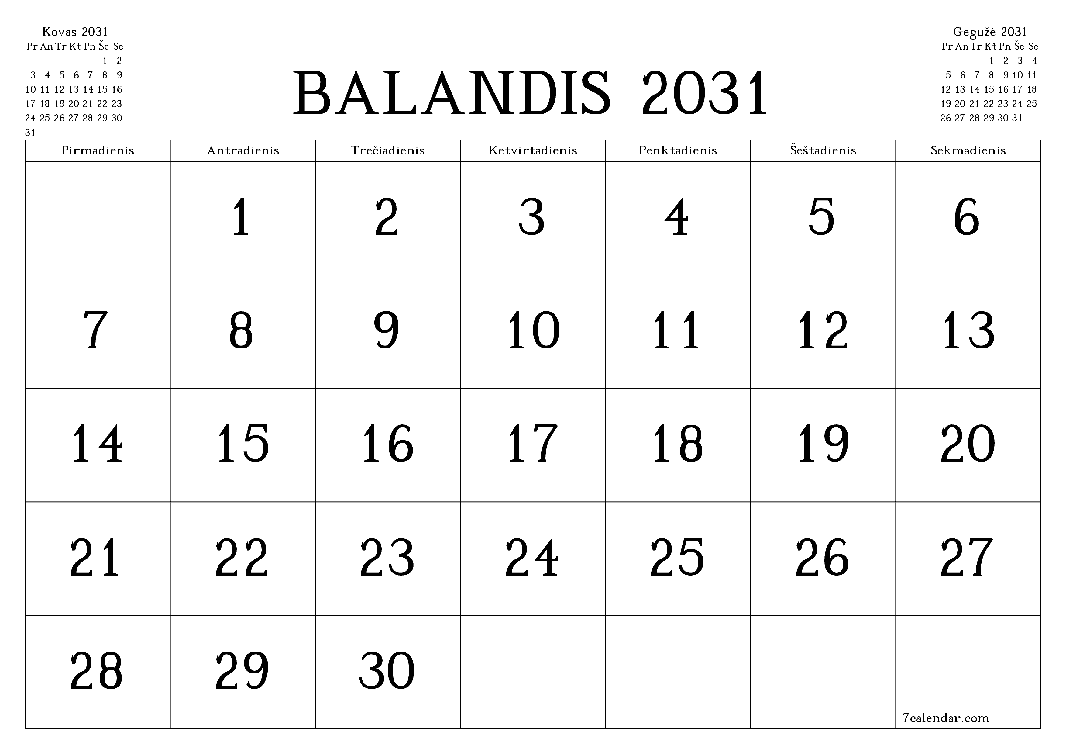 Ištuštinti mėnesio Balandis 2031 mėnesio planavimo priemonę su užrašais, išsaugoti ir atsispausdinti PDF formate PNG Lithuanian