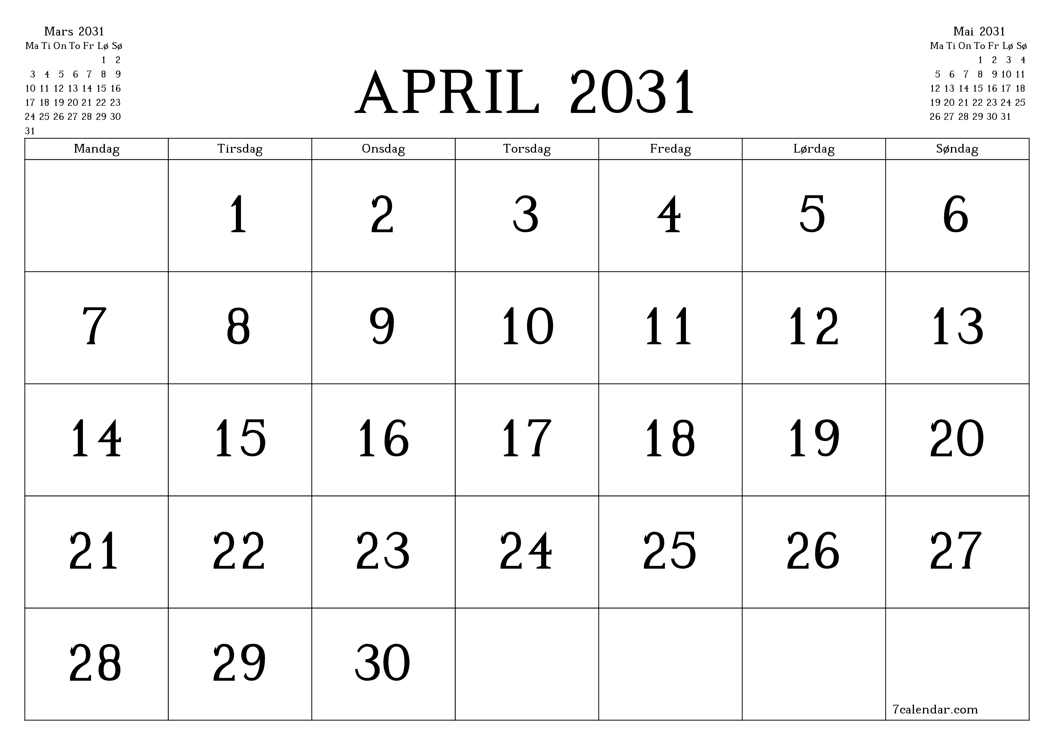 Tom månedlig planlegger for måned April 2031 med notater, lagre og skriv ut til PDF PNG Norwegian