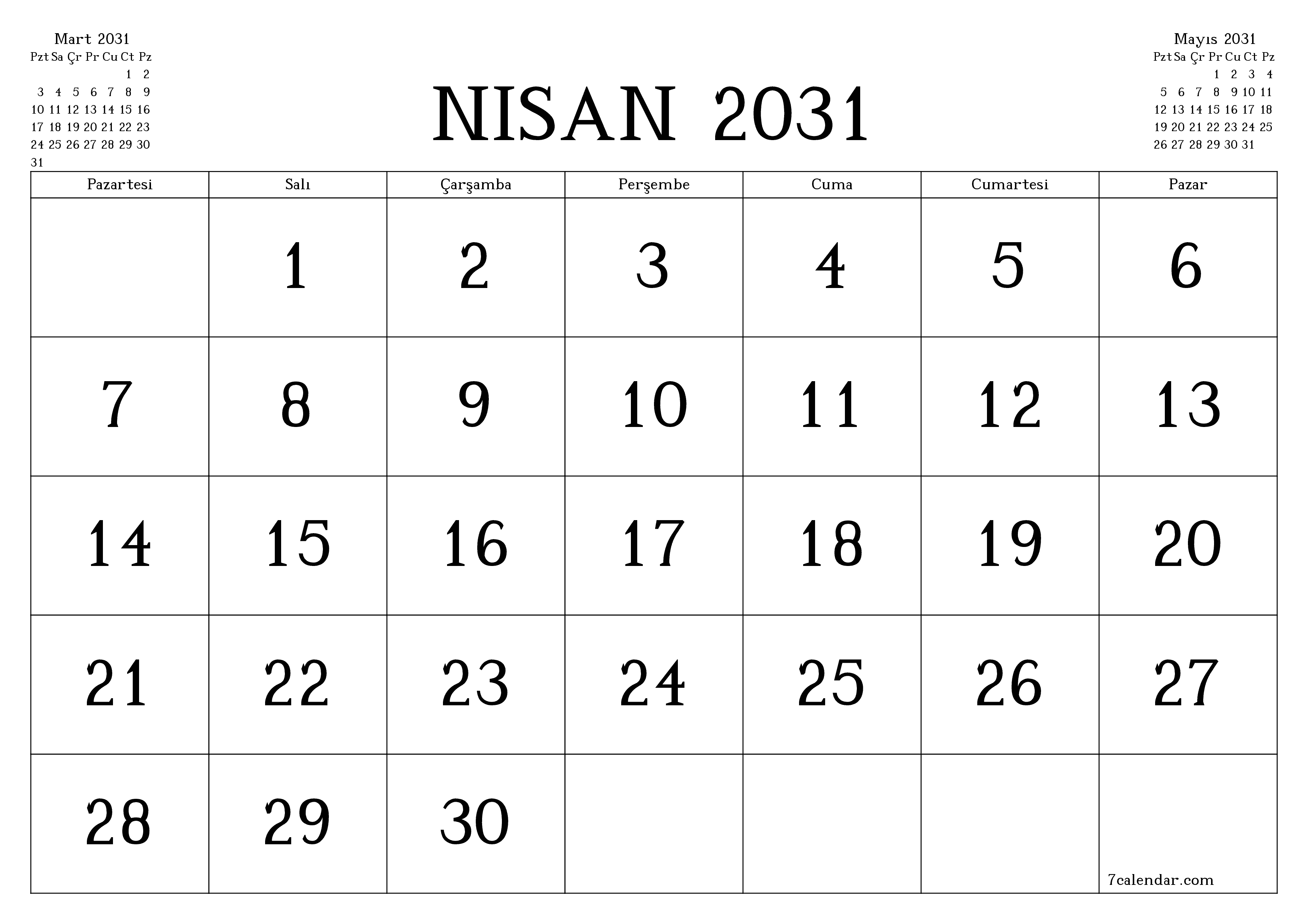 Nisan 2031 ayı için notlarla birlikte boş aylık planlayıcı, kaydedin ve PDF'ye yazdırın PNG Turkish