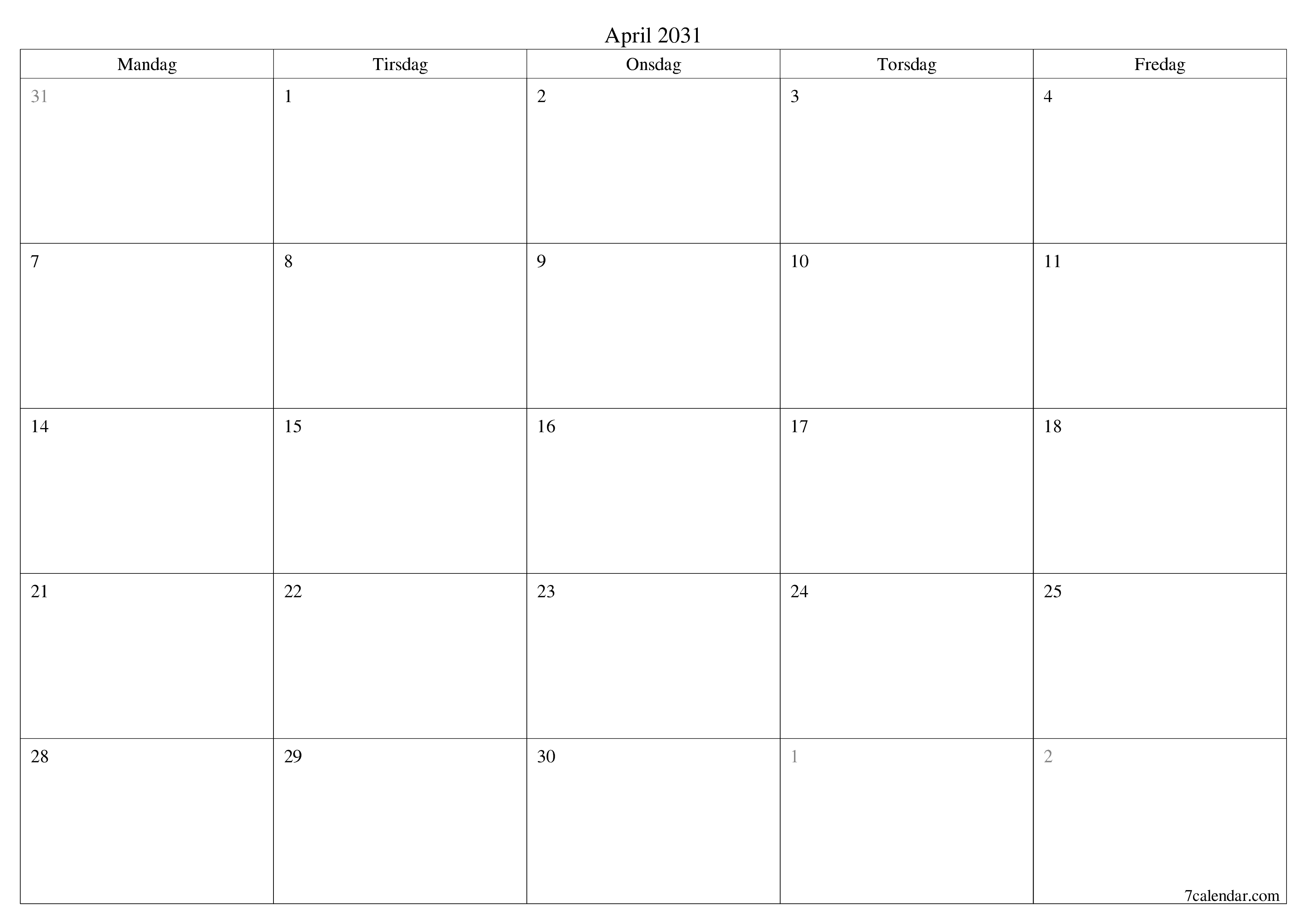 Tom månedlig planlegger for måned April 2031 med notater, lagre og skriv ut til PDF PNG Norwegian