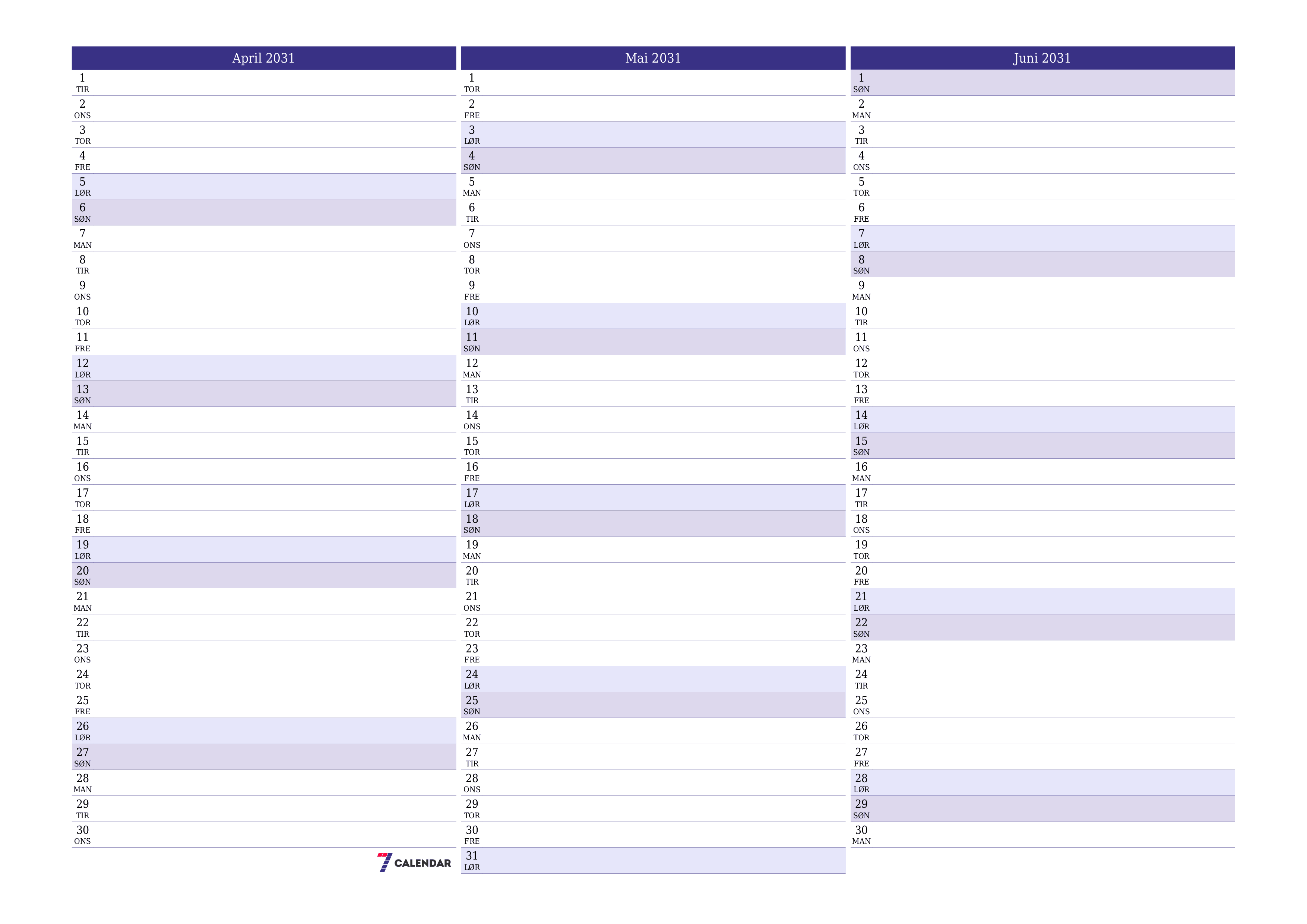 Tom månedlig planlegger for måned April 2031 med notater, lagre og skriv ut til PDF PNG Norwegian