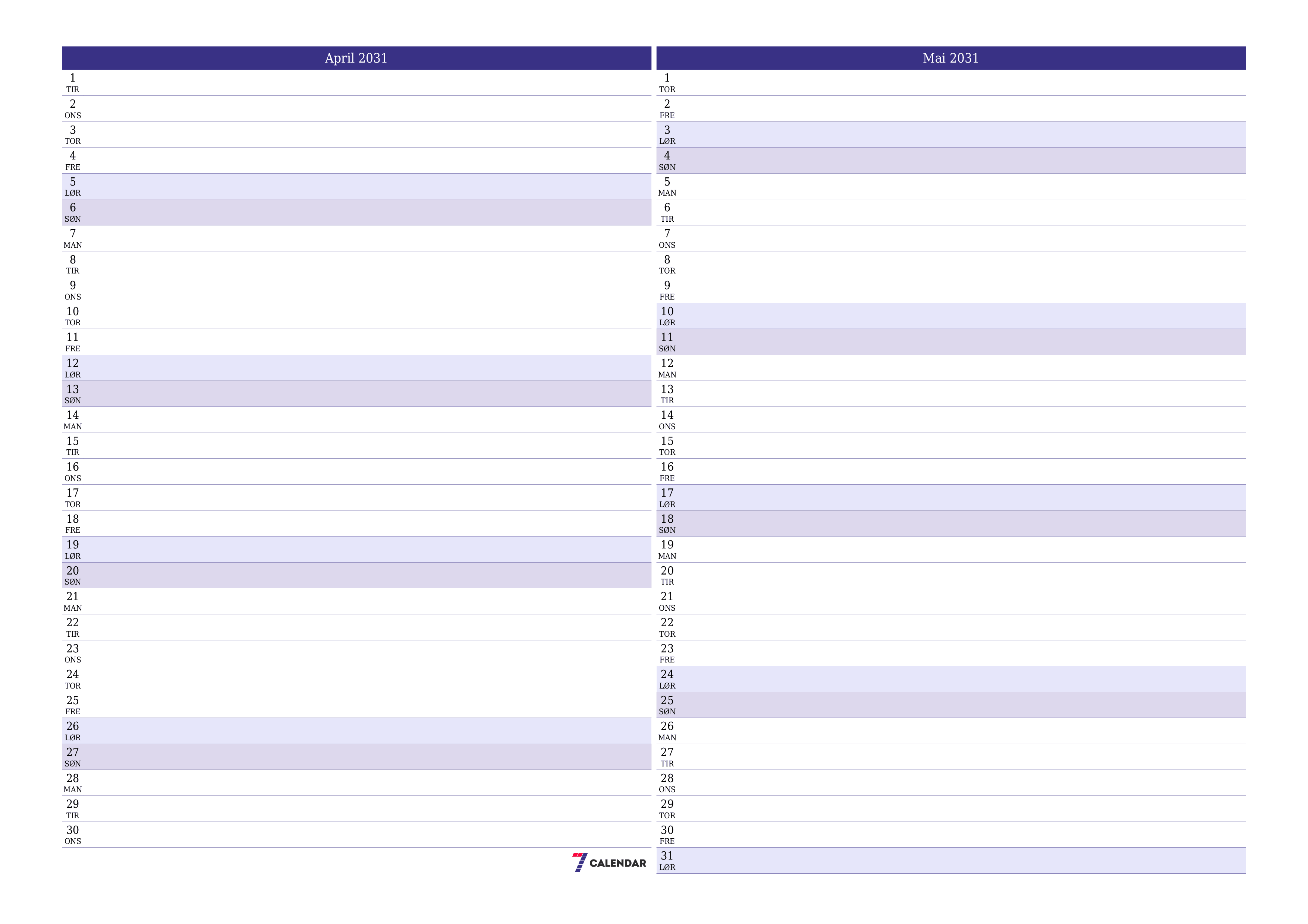 Tom månedlig planlegger for måned April 2031 med notater, lagre og skriv ut til PDF PNG Norwegian