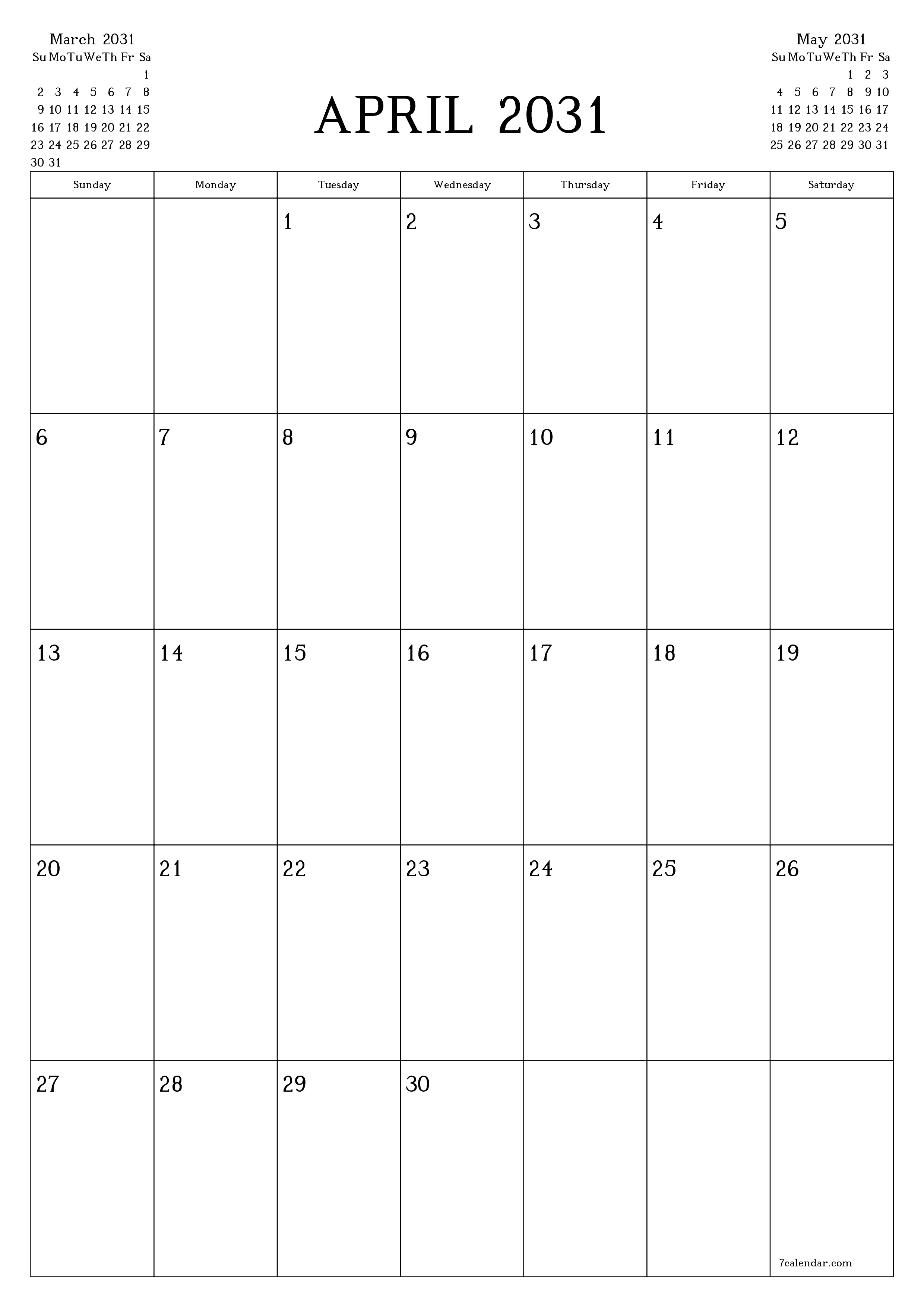 printable wall template free vertical Monthly planner calendar April (Apr) 2031