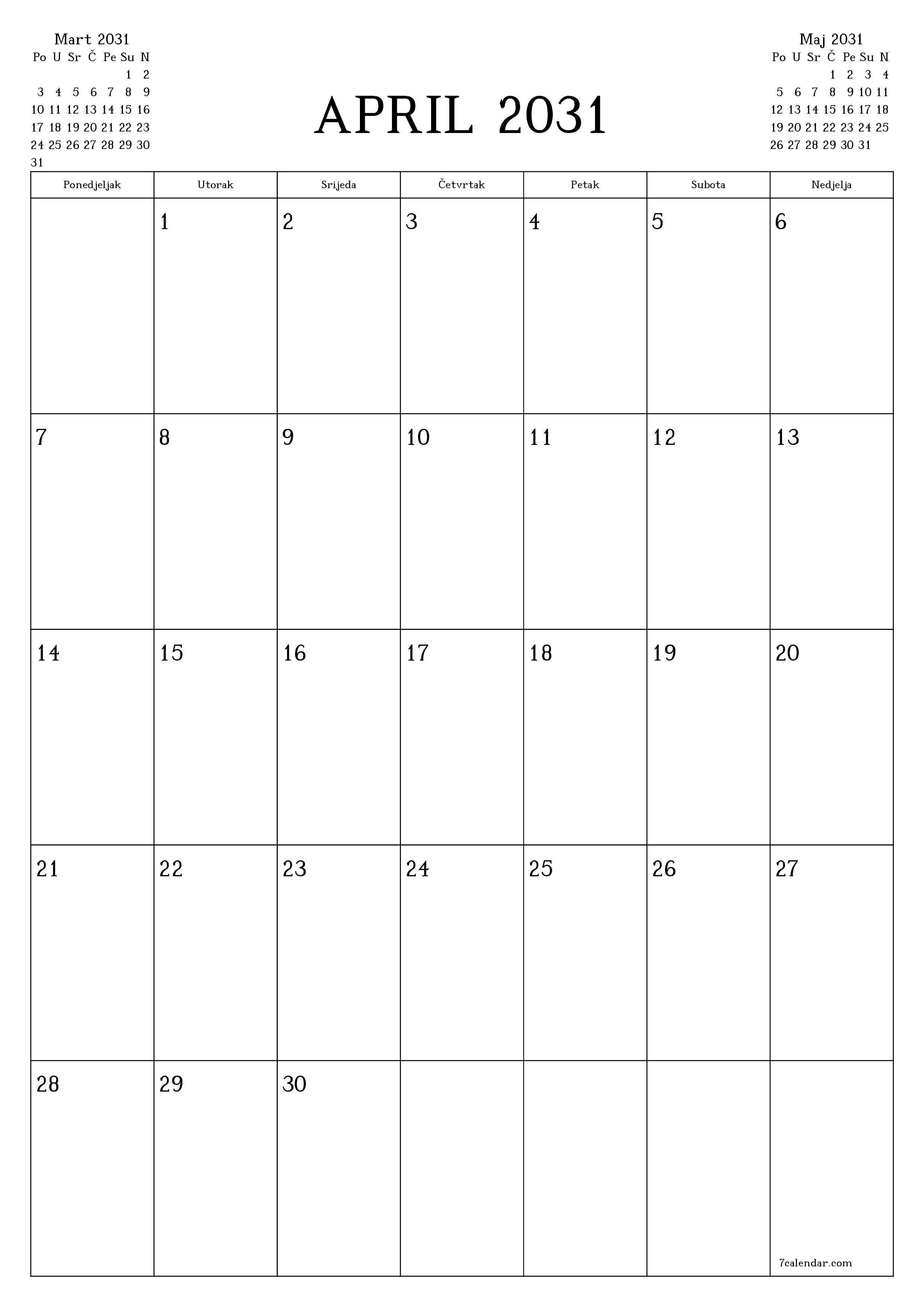  za štampanje zidni šablon a besplatni vertikalno Mjesečno planer kalendar April (Apr) 2031