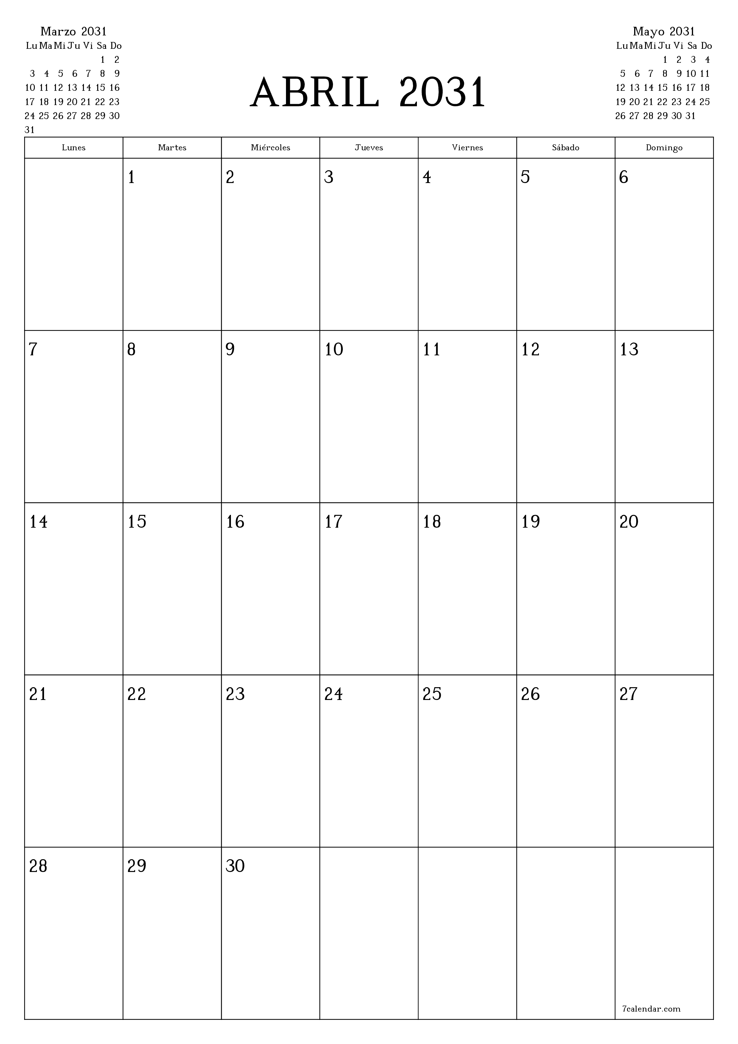  imprimible de pared plantilla de gratisvertical Mensual planificador calendario Abril (Abr) 2031
