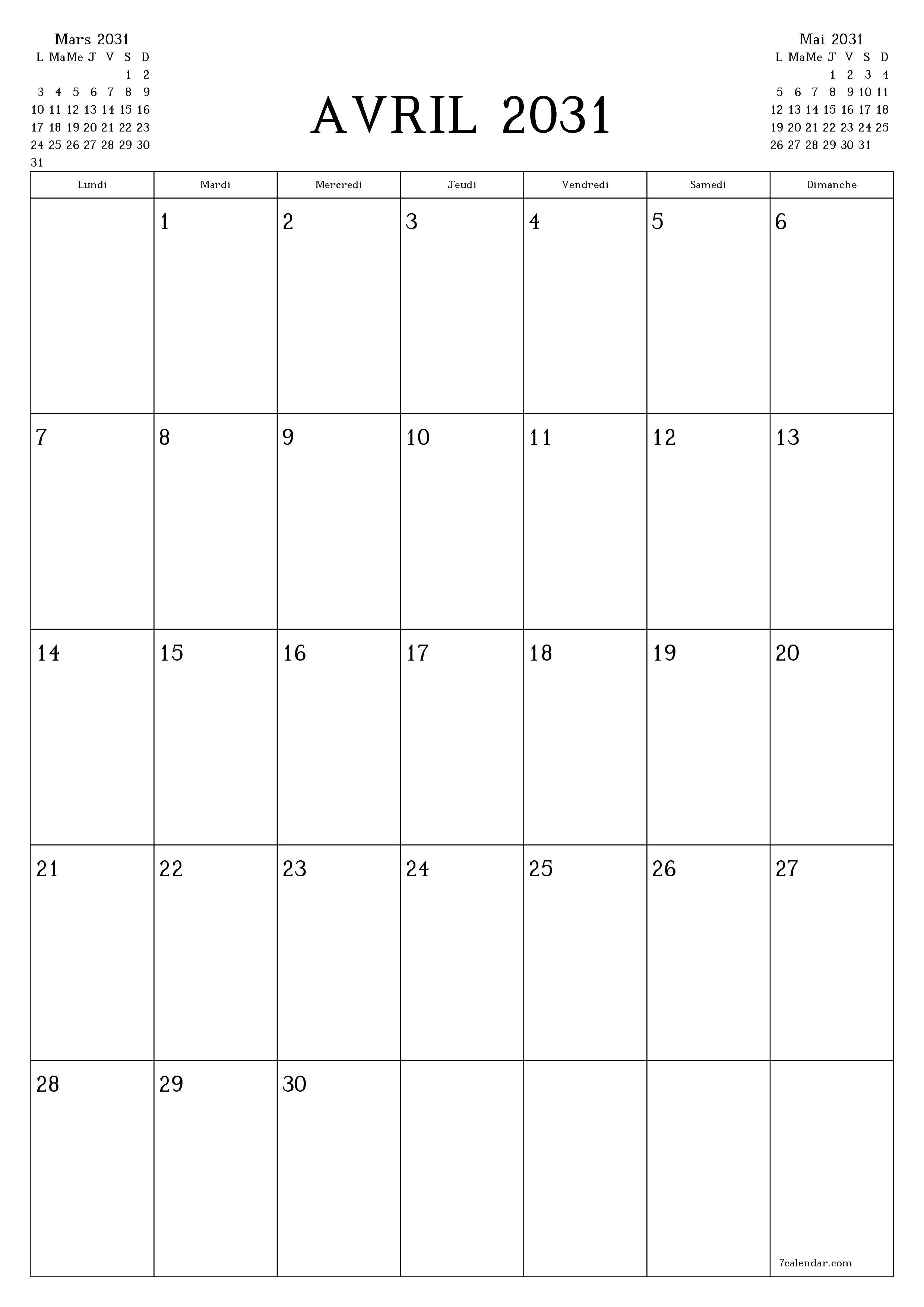  imprimable mural modèle de gratuitverticale Mensuel planificateur calendrier Avril (Avr) 2031