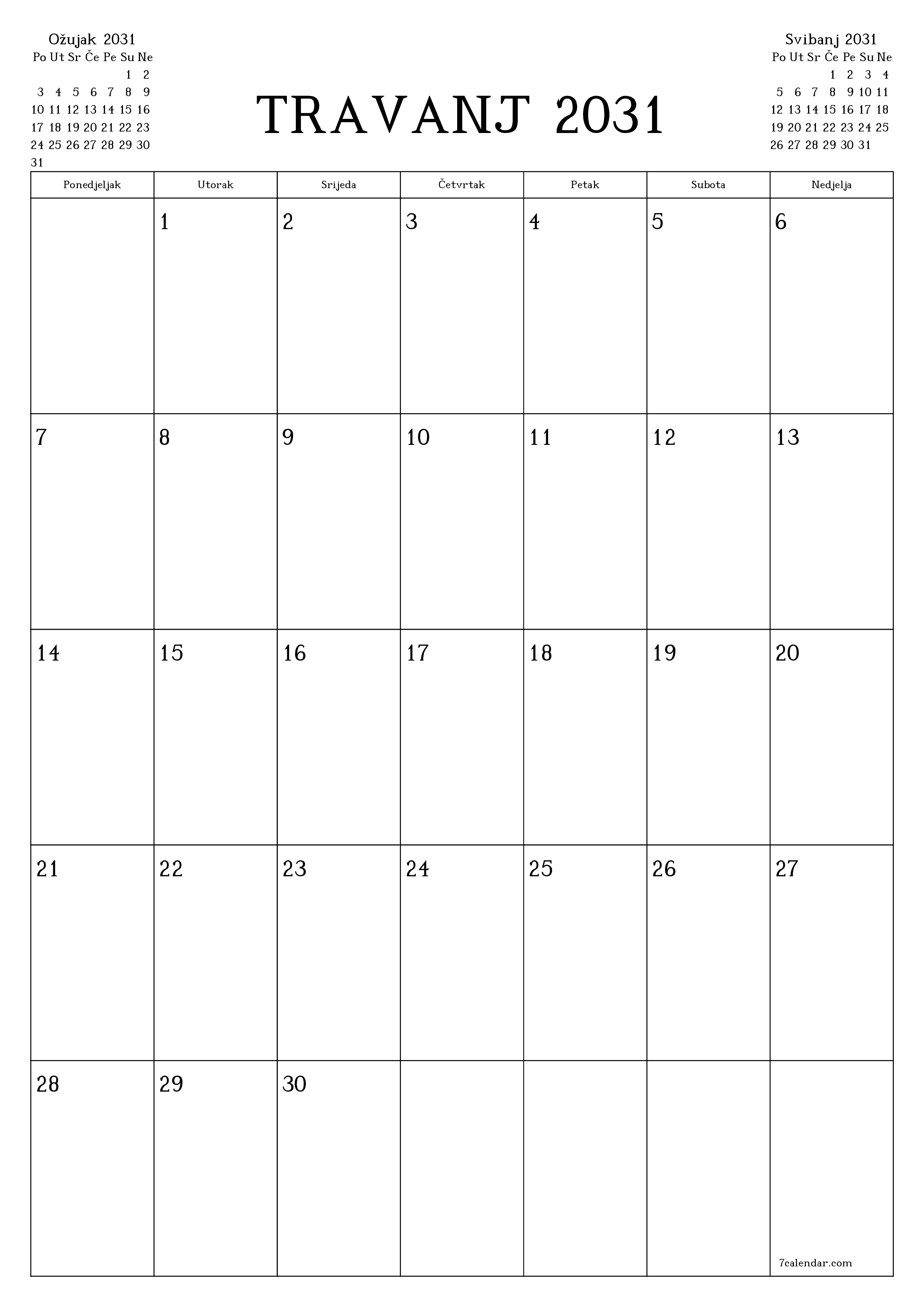  za ispis zidni predložak a besplatni okomito Mjesečni planer kalendar Travanj (Tra) 2031