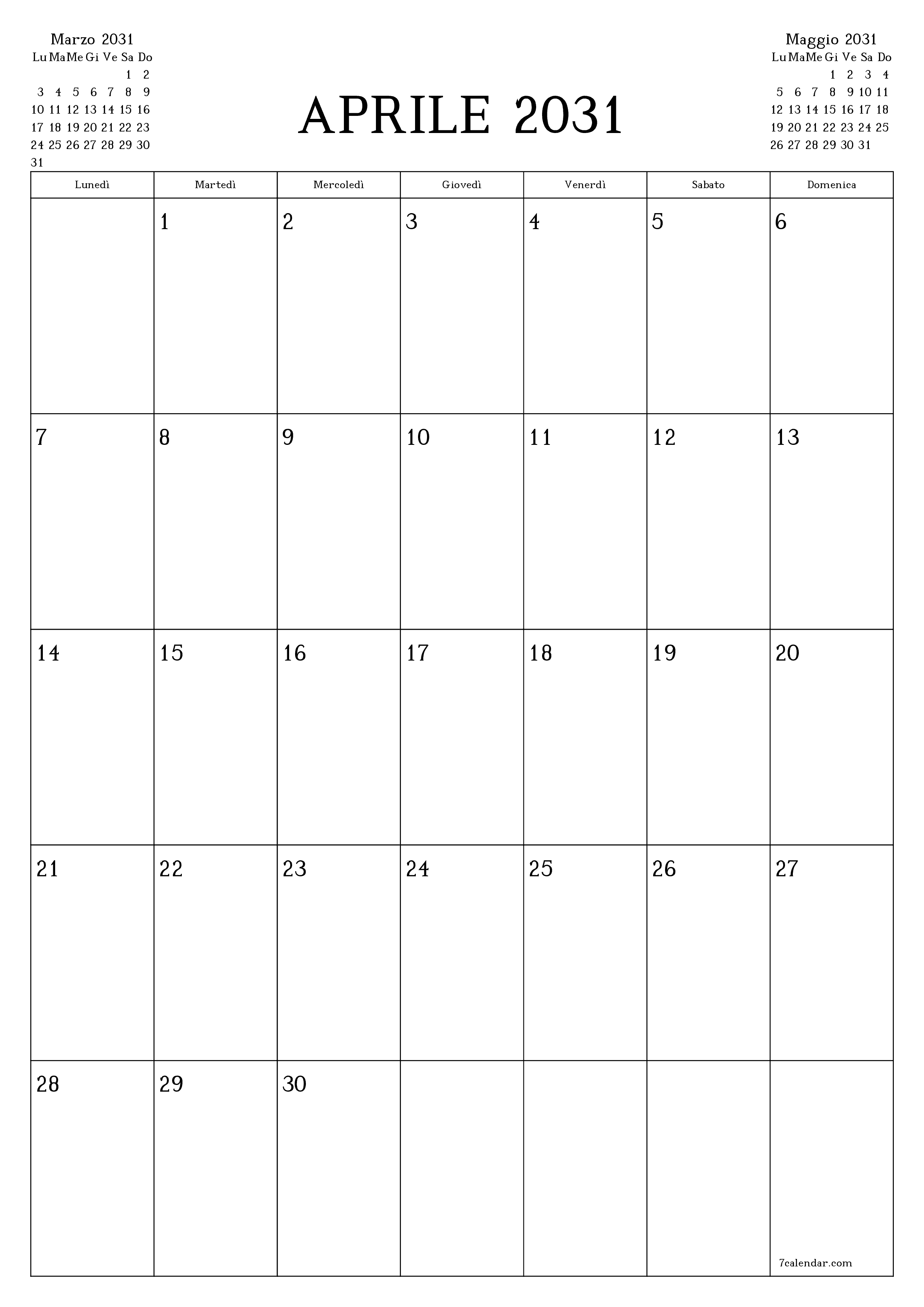  stampabile da parete modello di gratuitoverticale Mensile pianificatore calendario Aprile (Apr) 2031