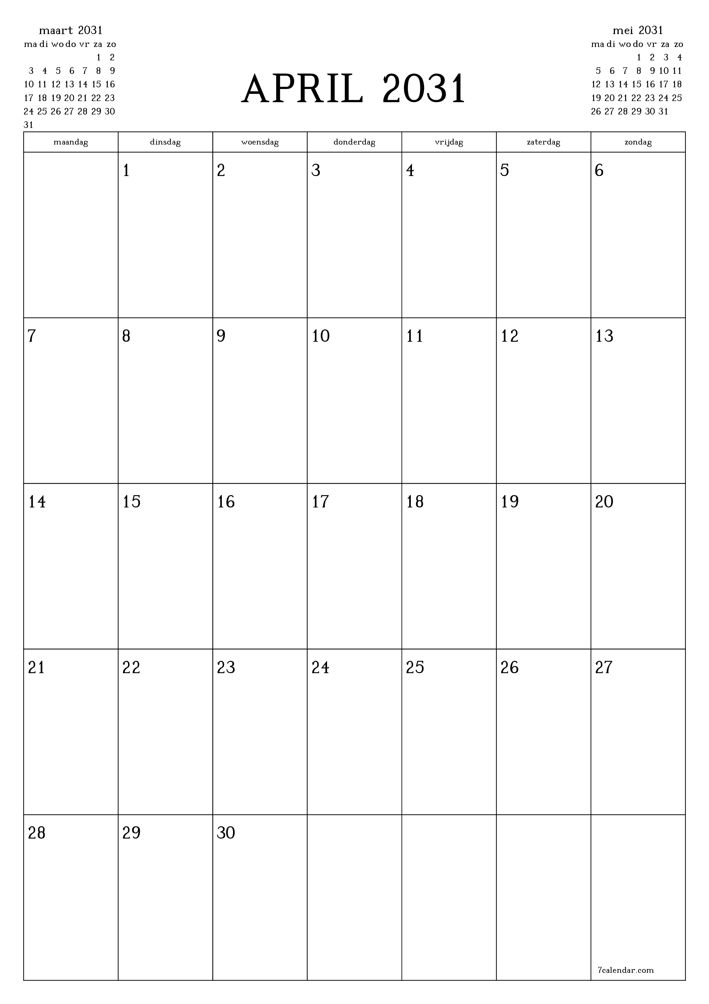 afdrukbare muur sjabloon gratis verticaal Maandelijks planner kalender april (apr) 2031
