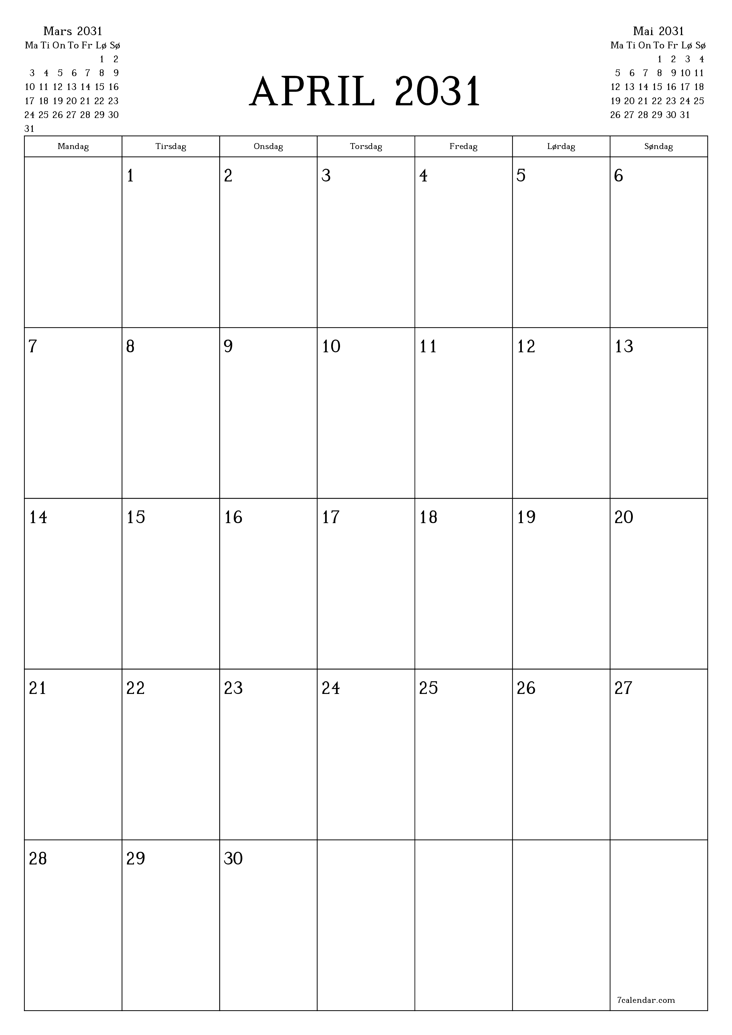 utskrivbar vegg mal gratis vertikal Månedlig planlegger kalender April (Apr) 2031